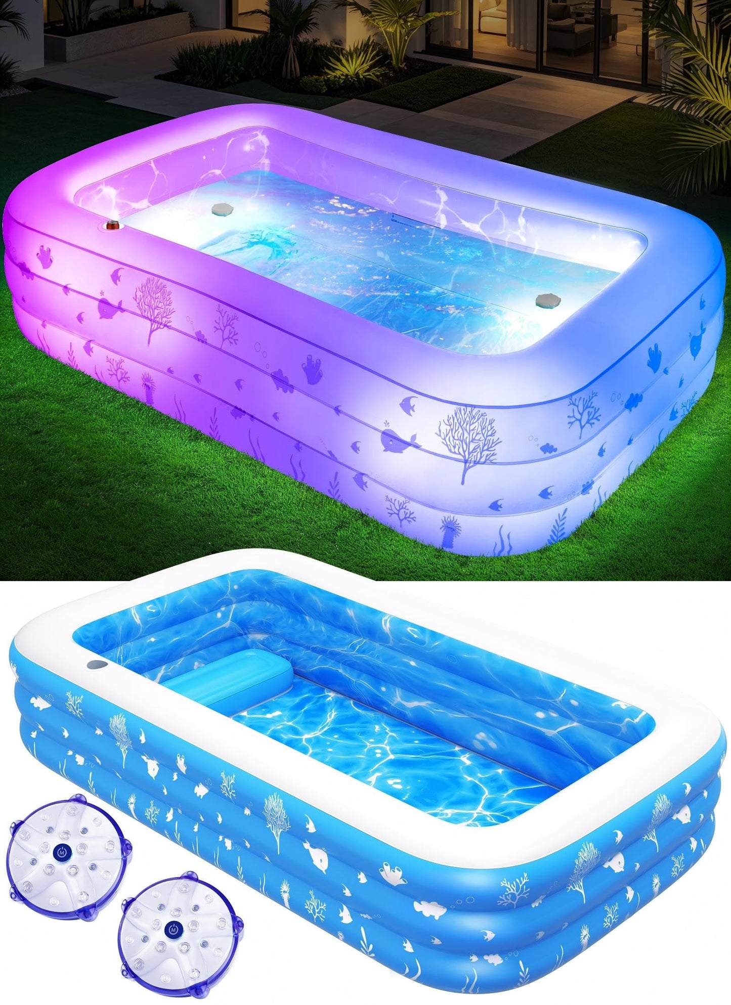 FizZeal Inflatable Pool with Seat & Lights – 100x63x22 in Backyard