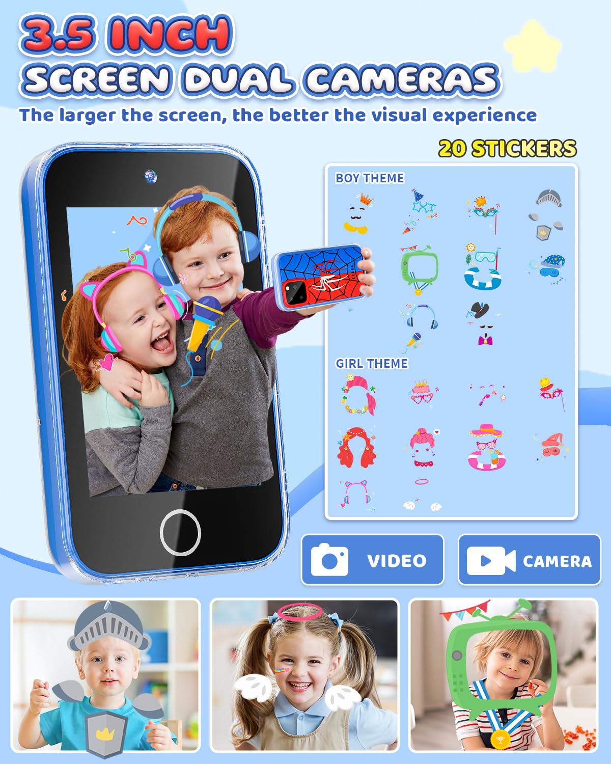 FKATEEN Kids Phone 3.5-inch Touchscreen – Offline Pretend Smartphone with Dual Camera & Habit Tracker (Ages 3-8)