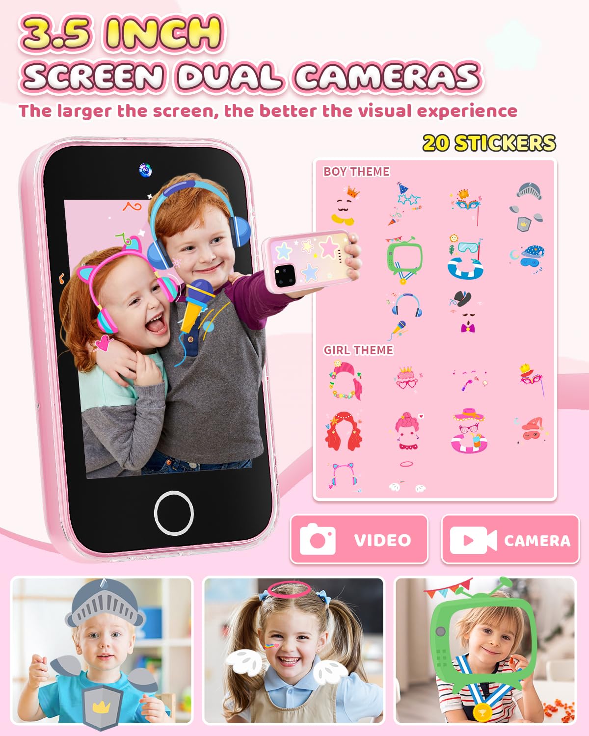 FKATEEN Kids Smart Phone for Girls – 3.5-Inch Touchscreen Learning Toy with Dual Cameras & 26 Games