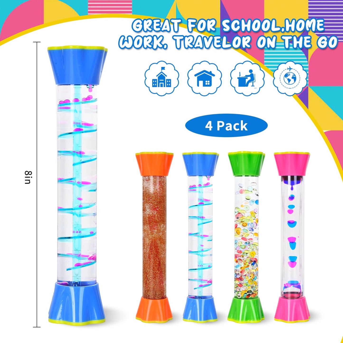 FKYTION Cool Tubes Toy Liquid Motion Bubbler 4-Pack – Colorful Sensory Desk Toys for Focus and Time Management