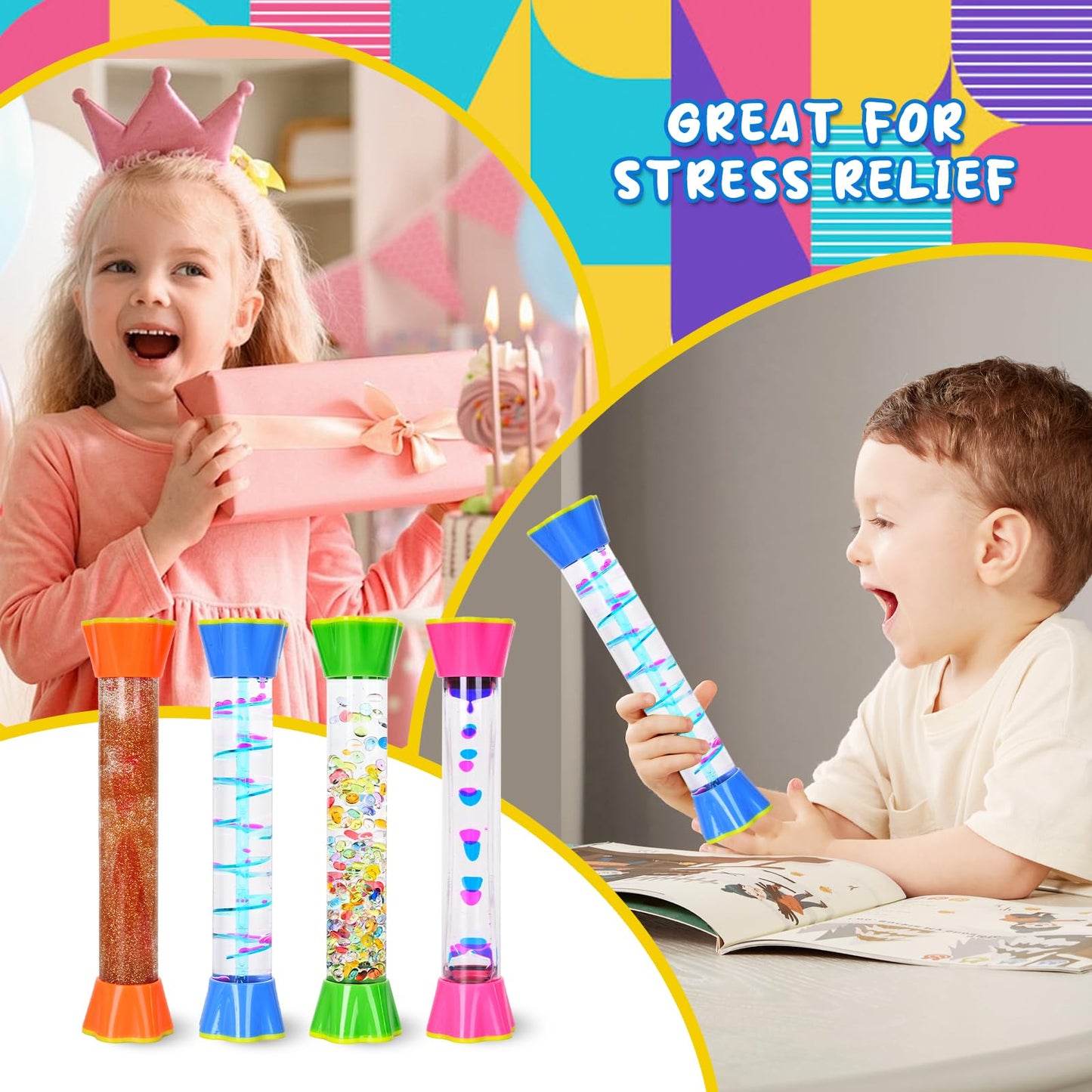 FKYTION Cool Tubes Toy Liquid Motion Bubbler 4-Pack – Colorful Sensory Desk Toys for Focus and Time Management