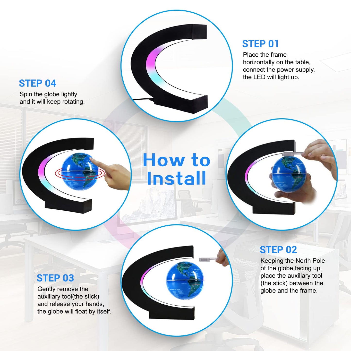 Flagest Magnetic Levitating Globe - LED Floating C-Shape Desk Decor (3.3 Inches)