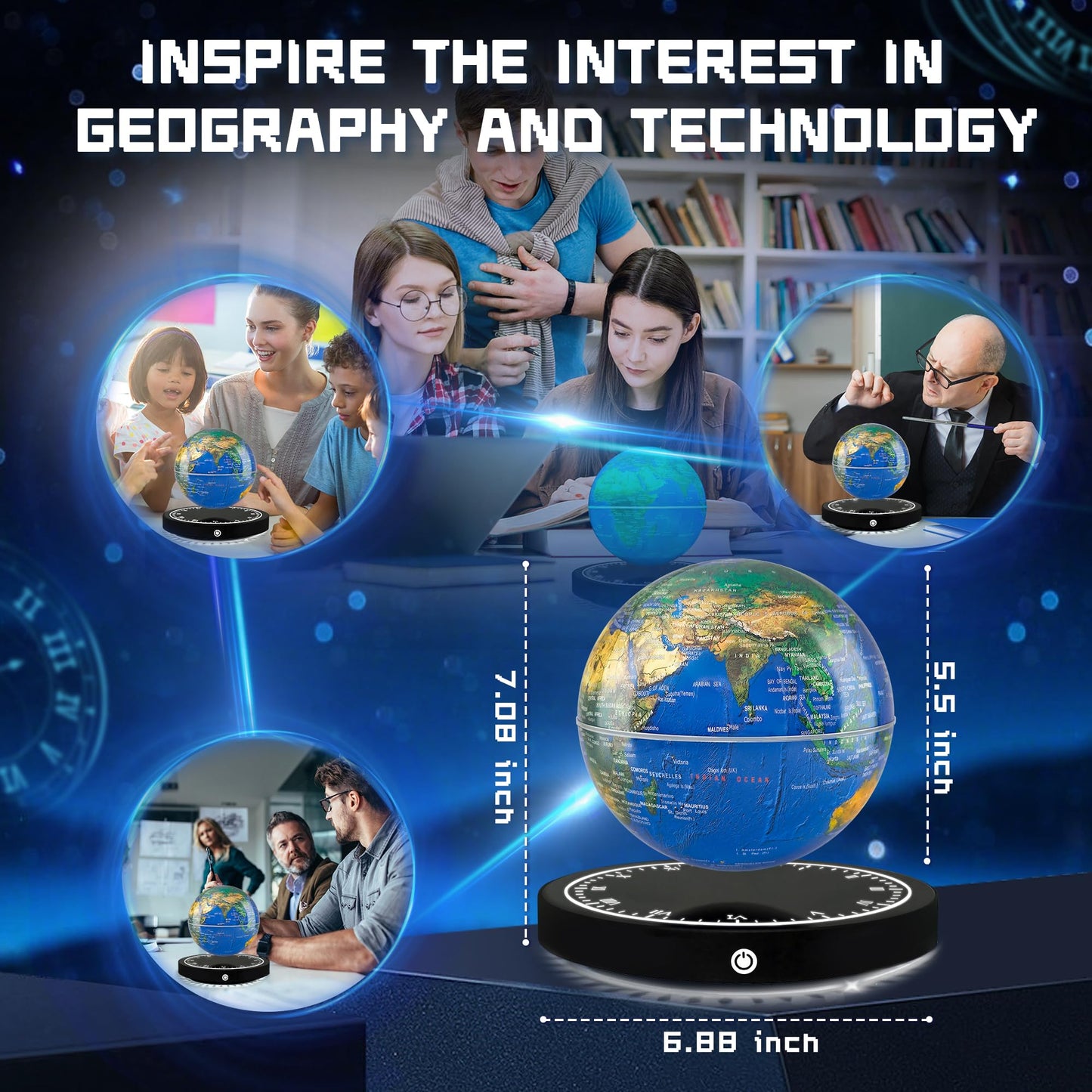 Flagest Magnetic Levitating Globe with LED Lights — 16 Color Globe on Clock Base