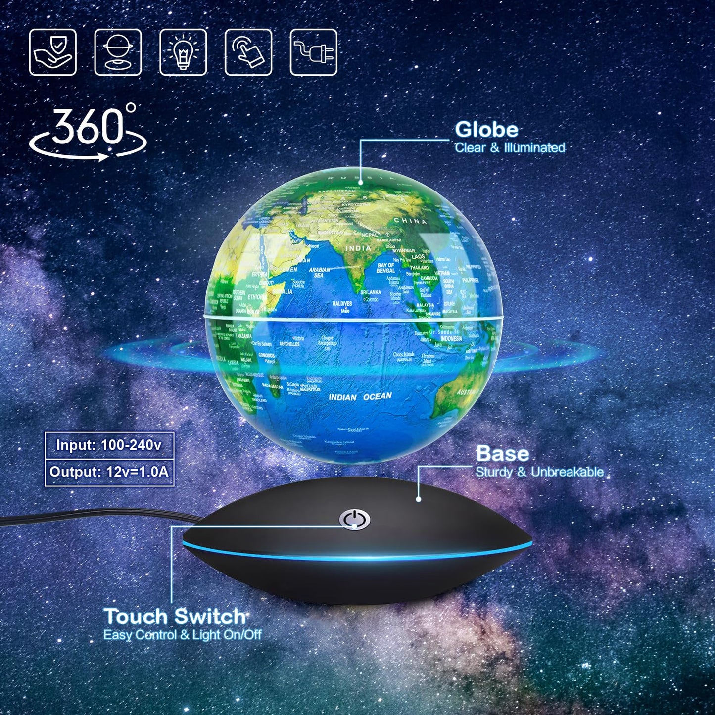 Flagest Floating Globe – Magnetic Levitation, Touch Control & Night Light (6 Inches)