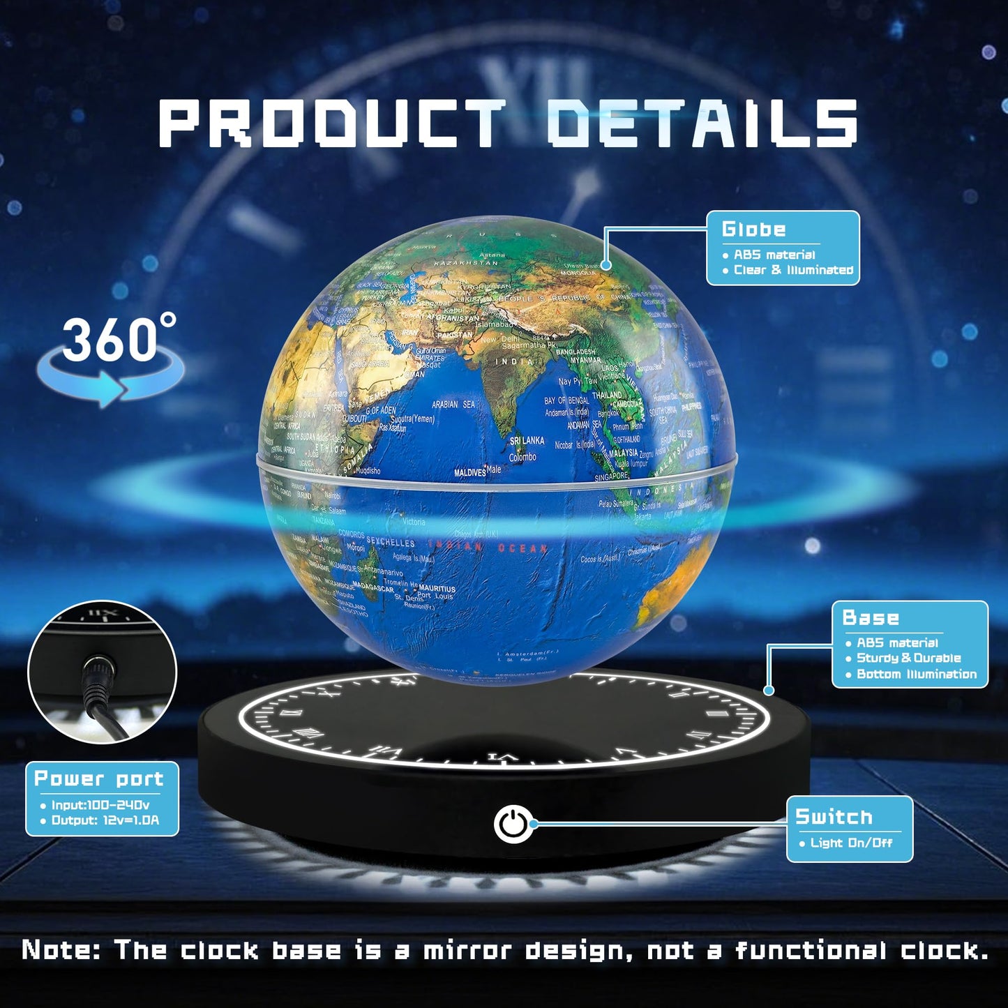 Flagest Magnetic Levitating Globe with LED Lights — 16 Color Globe on Clock Base