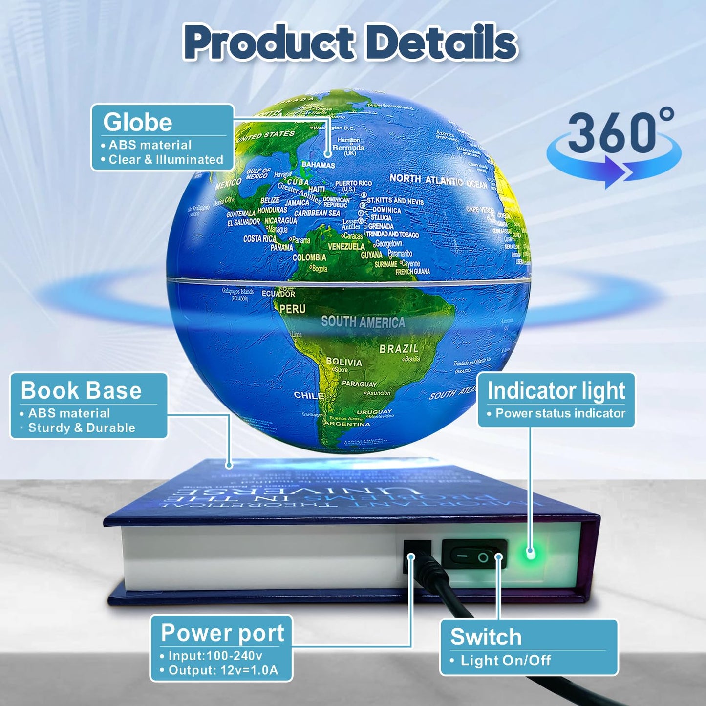 Flagest Magnetic Levitation Globe with 16-Color LED Lights | Rotating World Map on Book Base