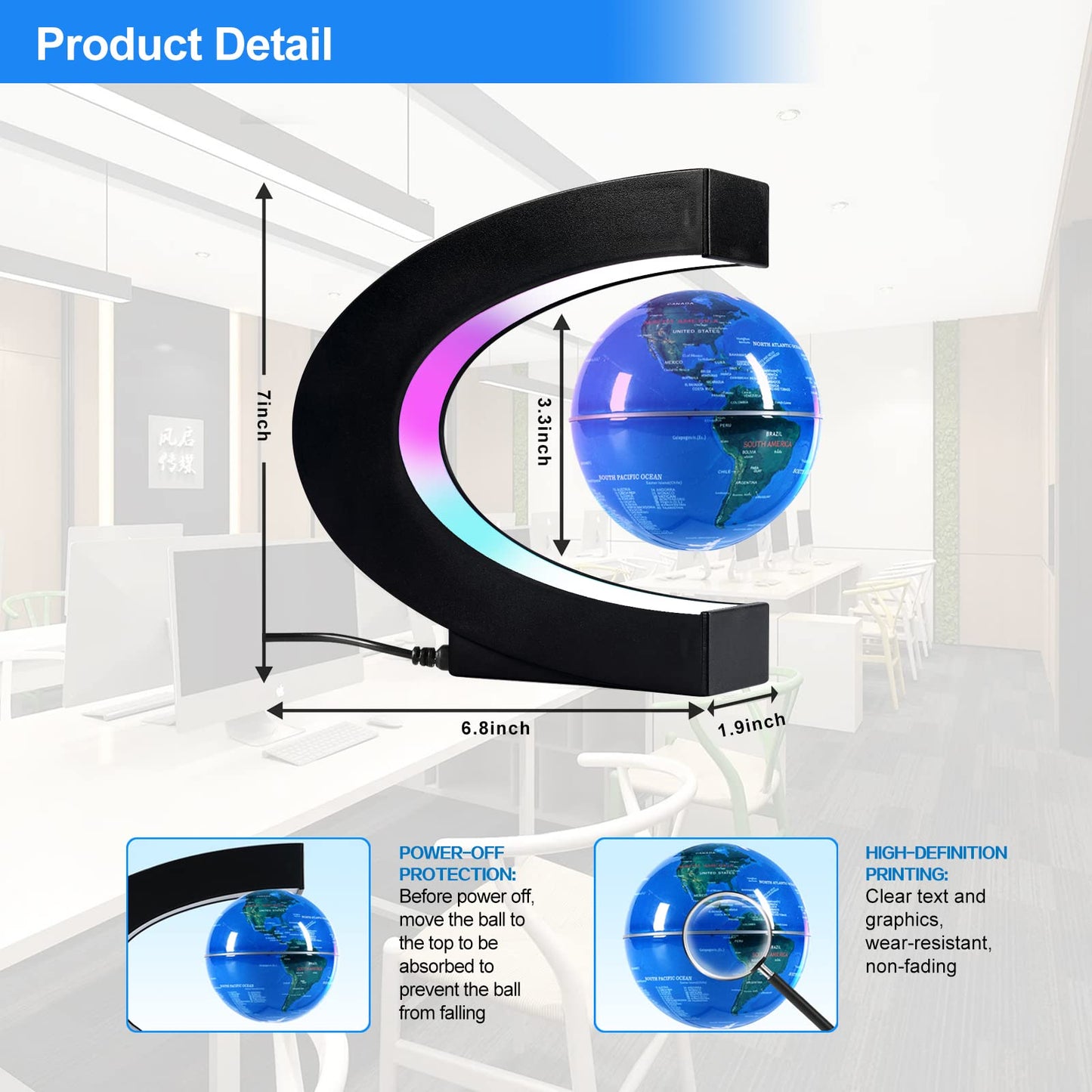 Flagest Magnetic Levitating Globe - LED Floating C-Shape Desk Decor (3.3 Inches)