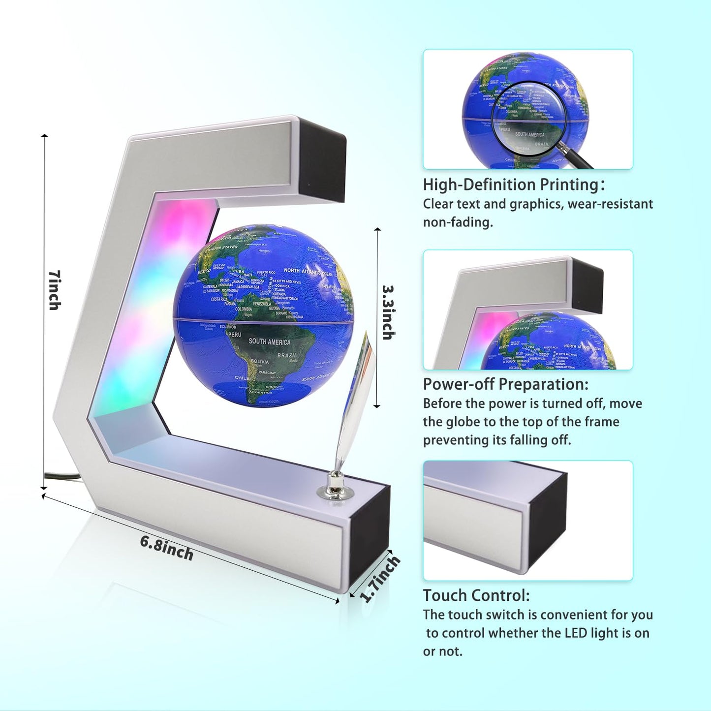 Flagest Magnetic Levitation Globe with LED Lights, Touch Control & Pen — Floating Desk Decor (3.3 in)