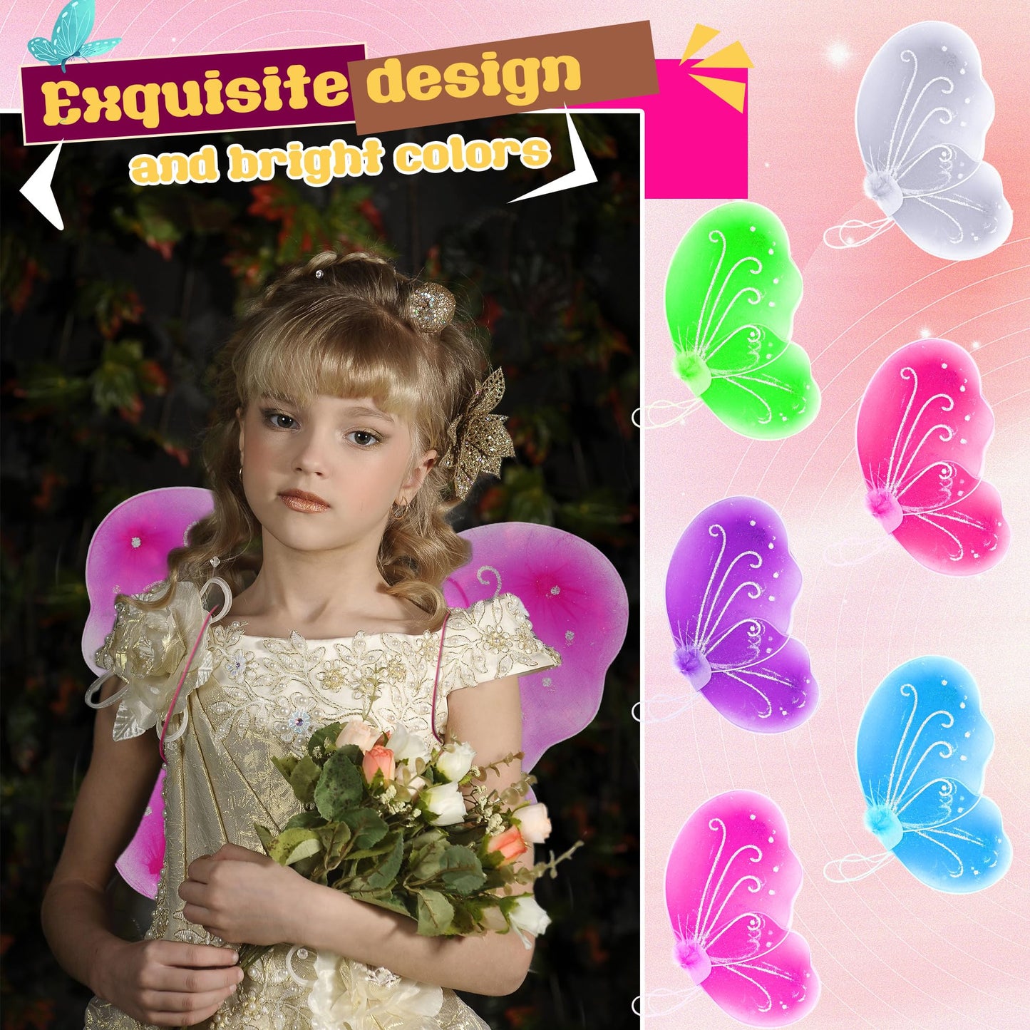 Flahard 12 Pack Girls Butterfly Wings – Colorful Fairy Costume Wings for Kids