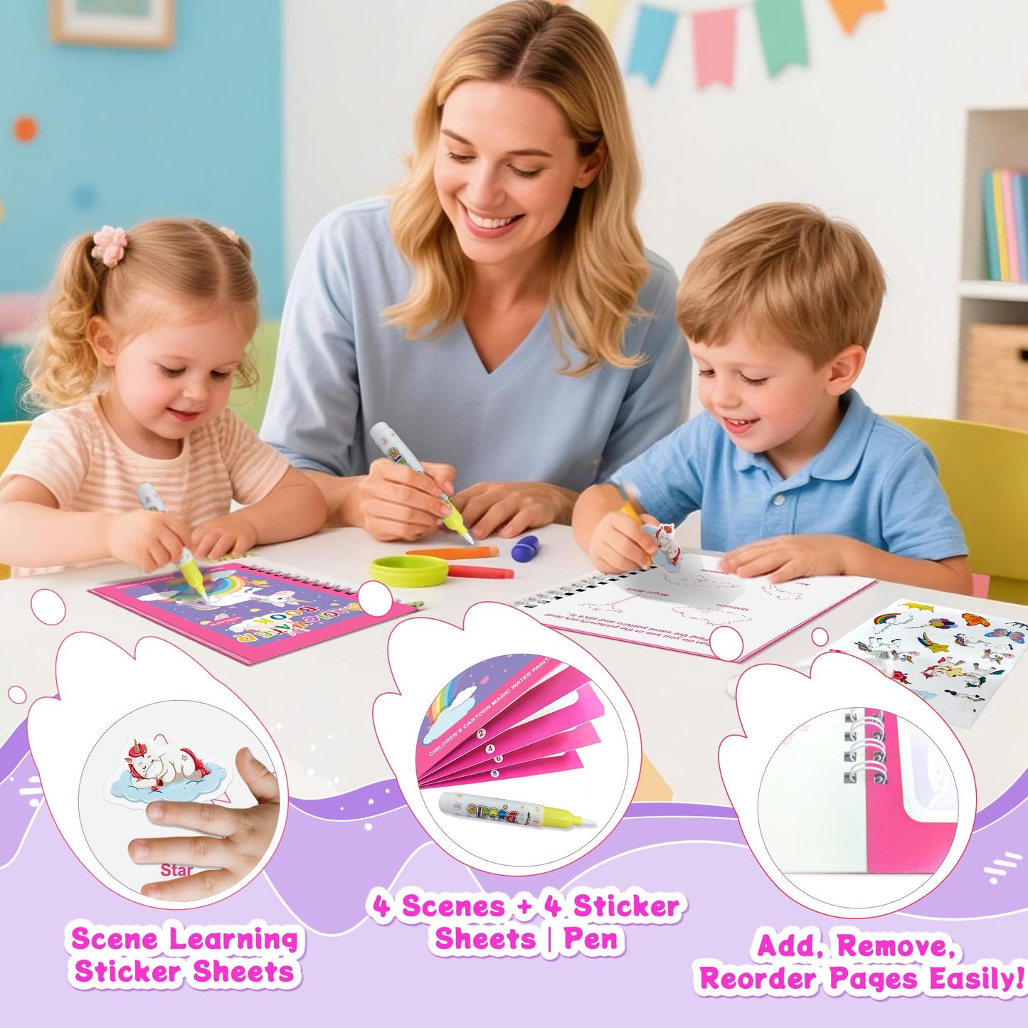 Flamax Unicorn Water Painting Book for Toddlers 1-3 – Reusable, Mess-Free with Water Brush & 18+ Stickers