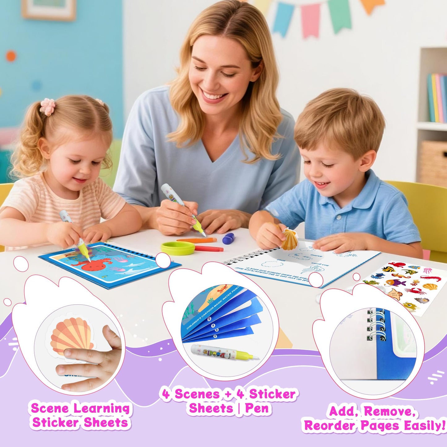 Flamax Reusable Water Painting Book for Toddlers 1-3 | Sea World Theme + 18+ Stickers & No-Mess Pen