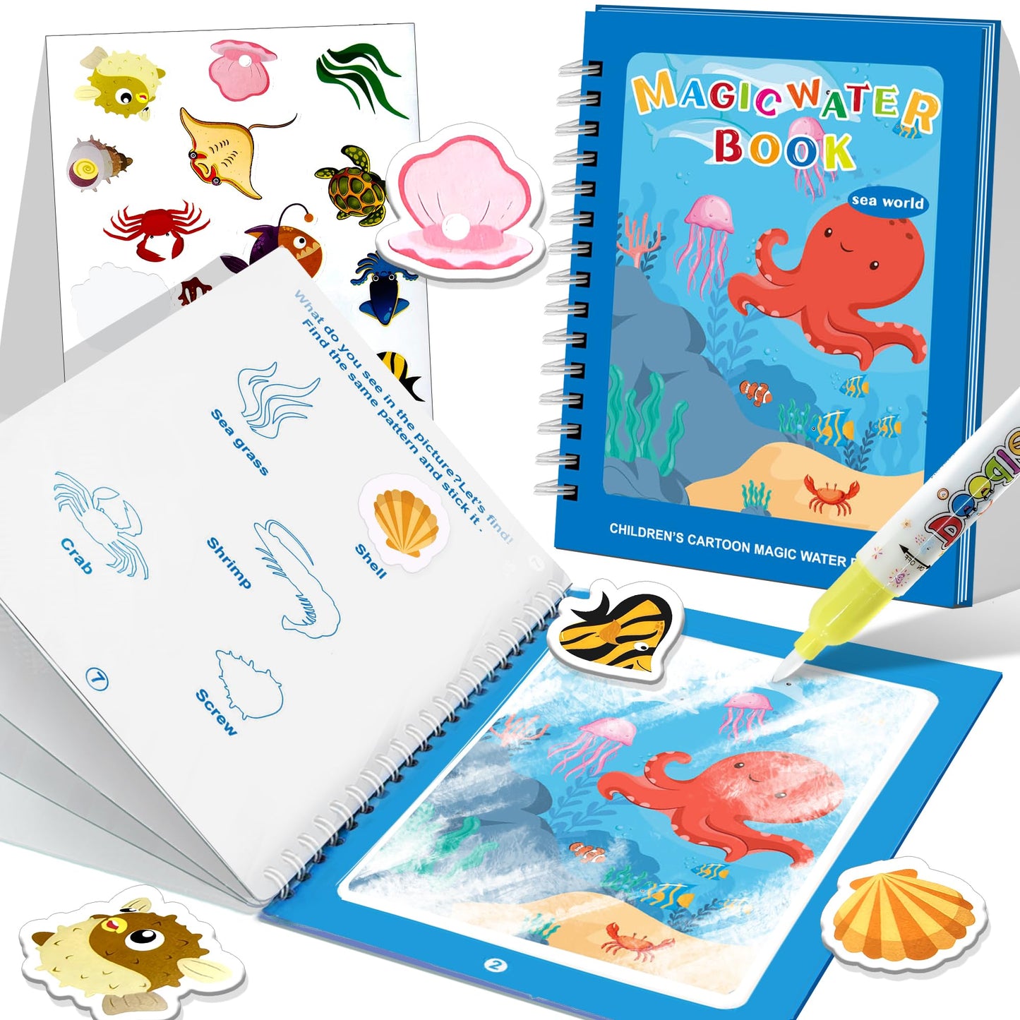 Flamax Reusable Water Painting Book for Toddlers 1-3 | Sea World Theme + 18+ Stickers & No-Mess Pen