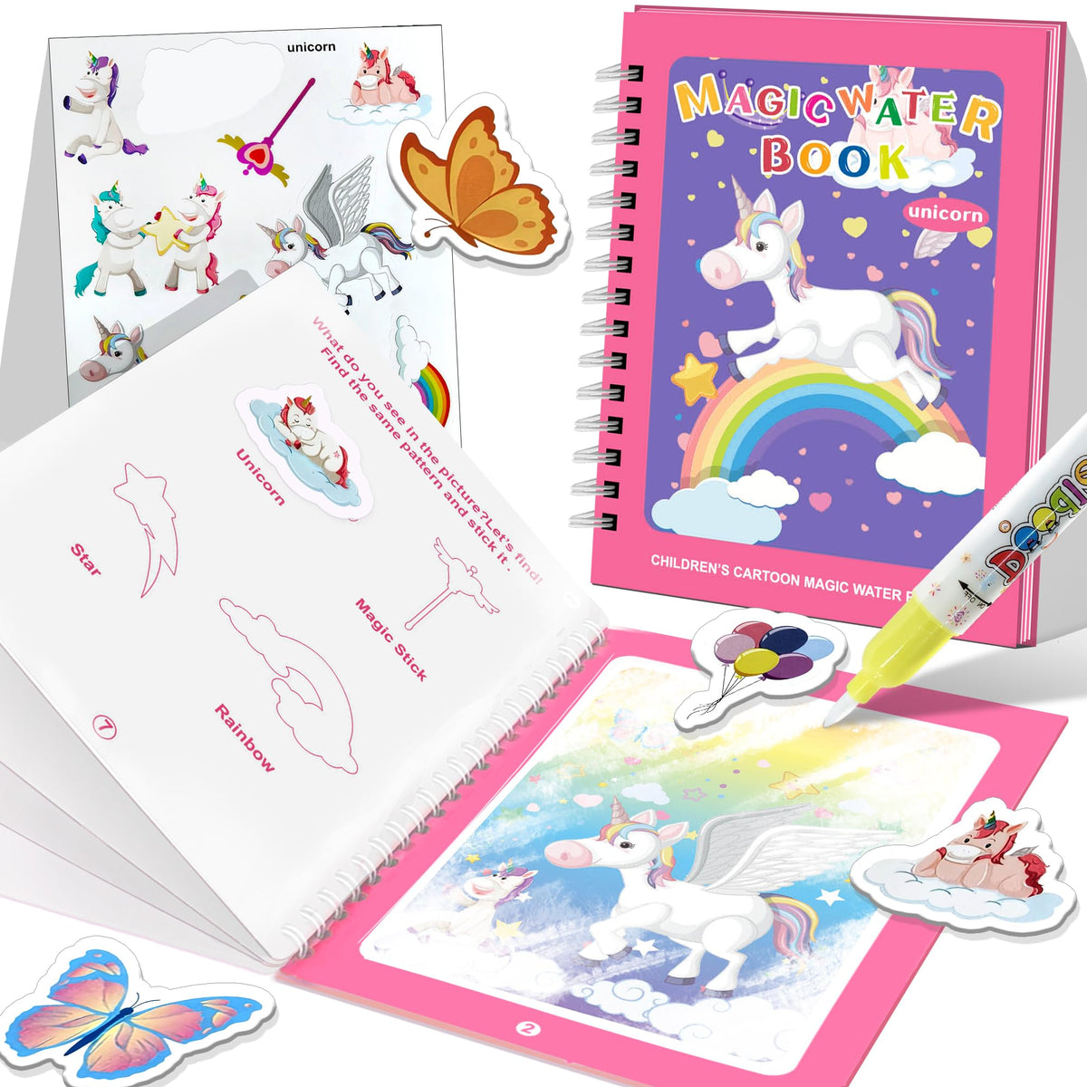 Flamax Unicorn Water Painting Book for Toddlers 1-3 – Reusable, Mess-Free with Water Brush & 18+ Stickers