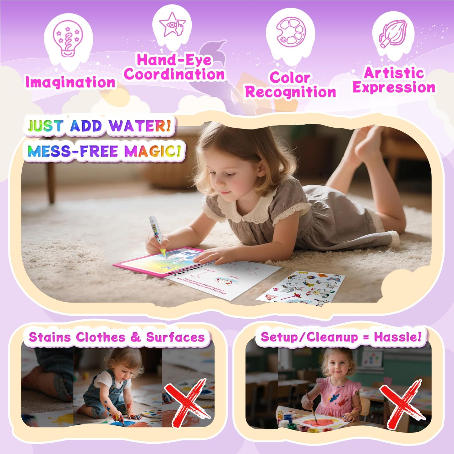 Flamax Unicorn Water Painting Book for Toddlers 1-3 – Reusable, Mess-Free with Water Brush & 18+ Stickers