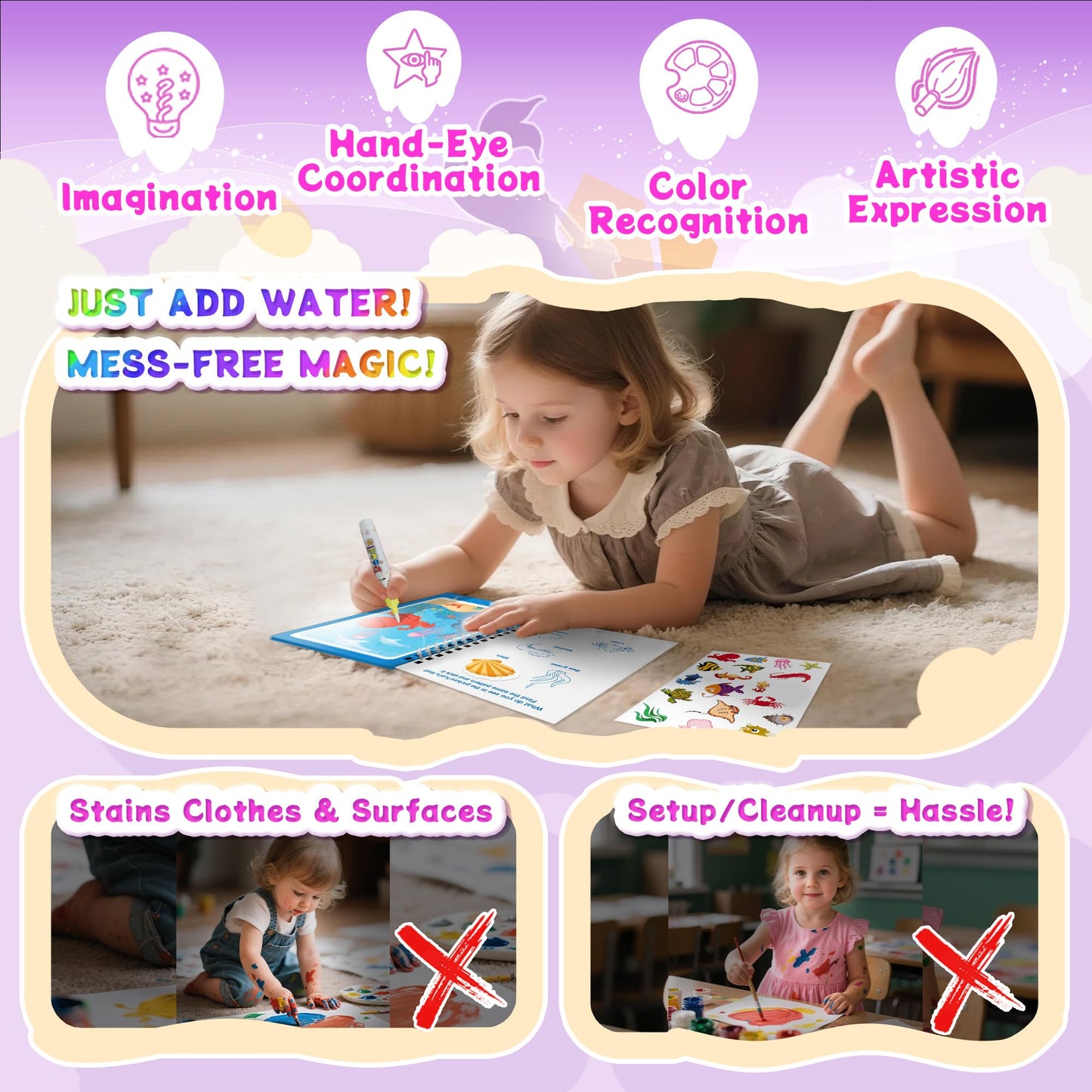 Flamax Reusable Water Painting Book for Toddlers 1-3 | Sea World Theme + 18+ Stickers & No-Mess Pen