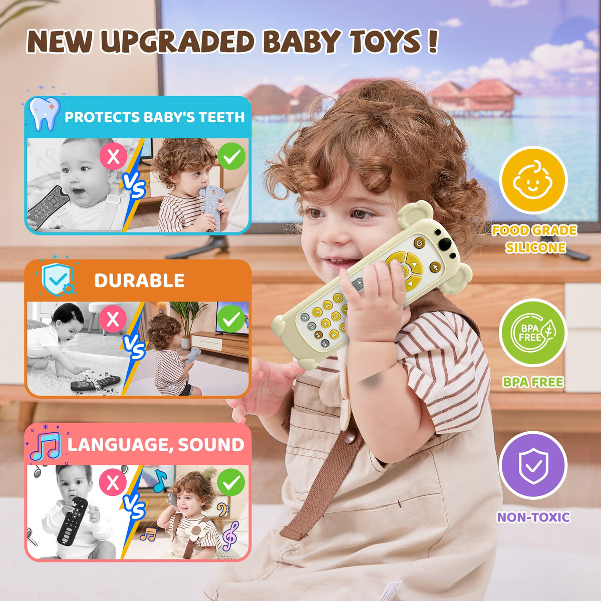 FLAMDYNO Baby TV Remote Toy with Koala Silicone Cover — 3-Language Learning, 50+ Sounds, Gift for 1–2 Year Olds