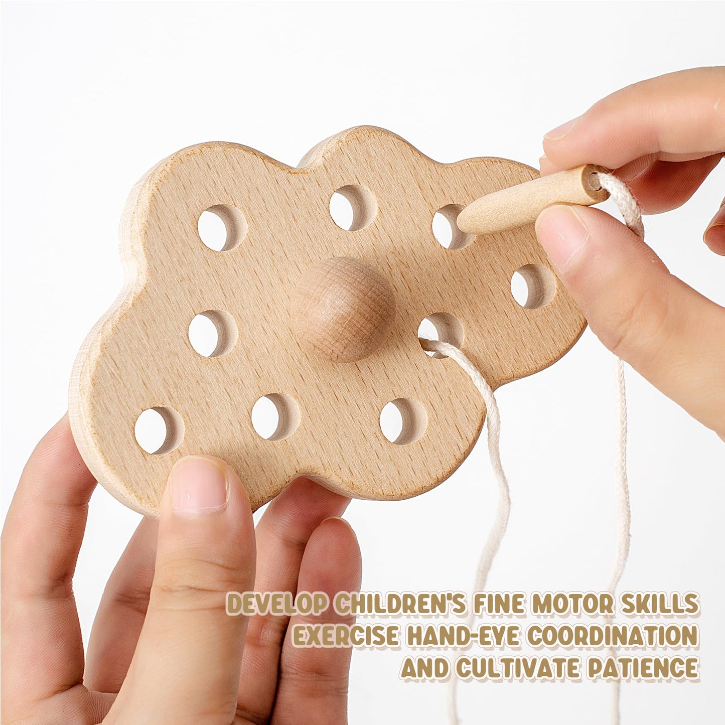 FlameFlash Wooden Lacing Toys for Toddlers 1-3 | Moon, Stars & Cloud – Montessori Beech Wood
