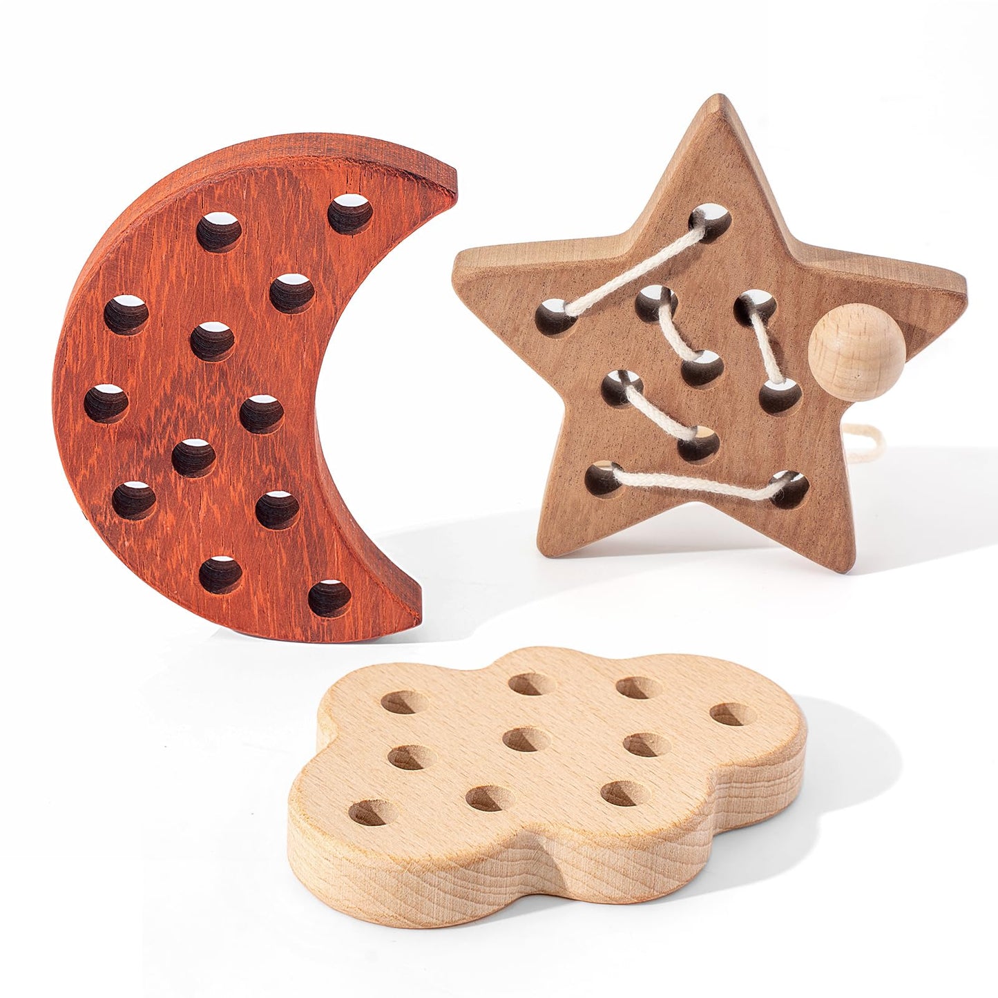 FlameFlash Wooden Lacing Toys for Toddlers 1-3 | Moon, Stars & Cloud – Montessori Beech Wood