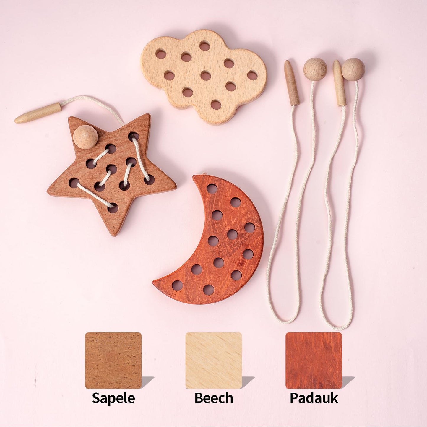 FlameFlash Wooden Lacing Toys for Toddlers 1-3 | Moon, Stars & Cloud – Montessori Beech Wood