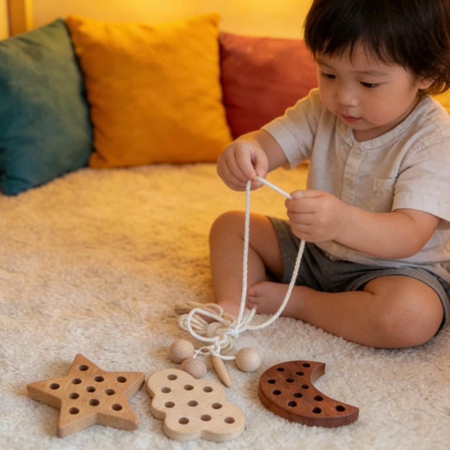 FlameFlash Wooden Lacing Toys for Toddlers 1-3 | Moon, Stars & Cloud – Montessori Beech Wood