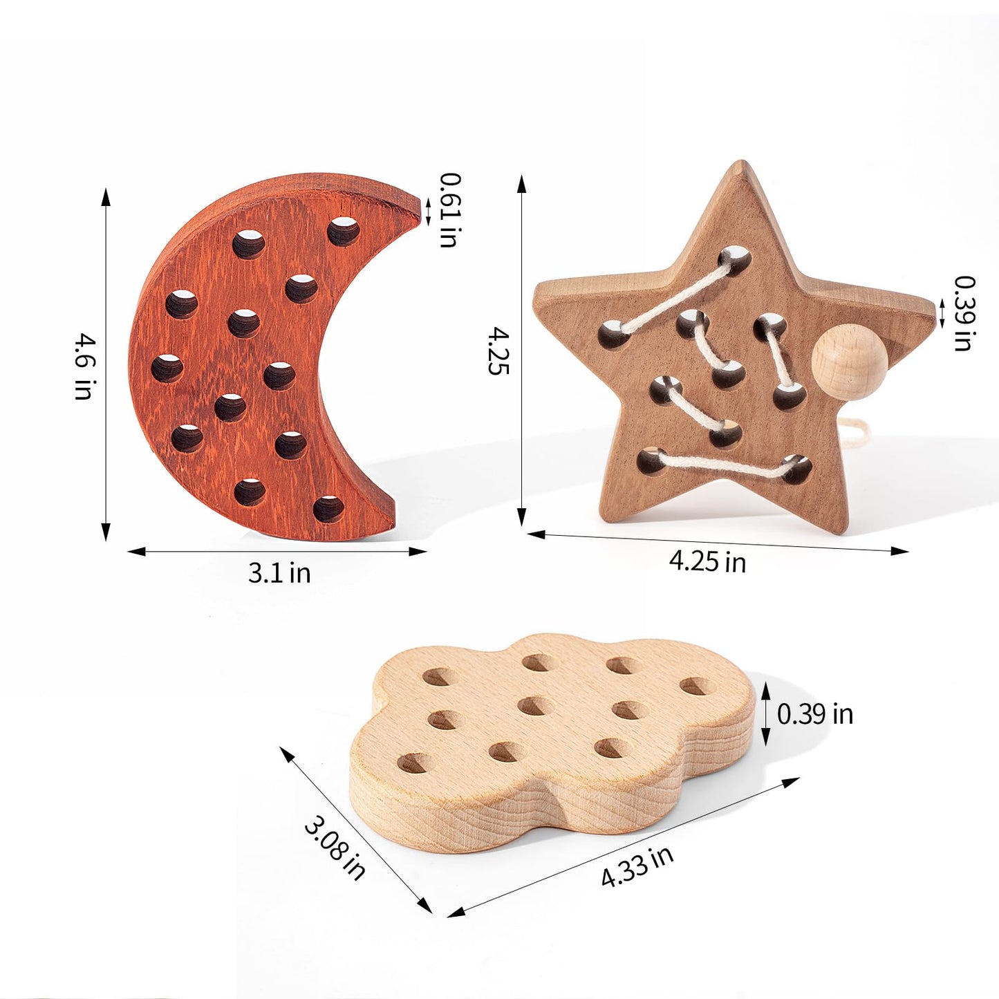 FlameFlash Wooden Lacing Toys for Toddlers 1-3 | Moon, Stars & Cloud – Montessori Beech Wood