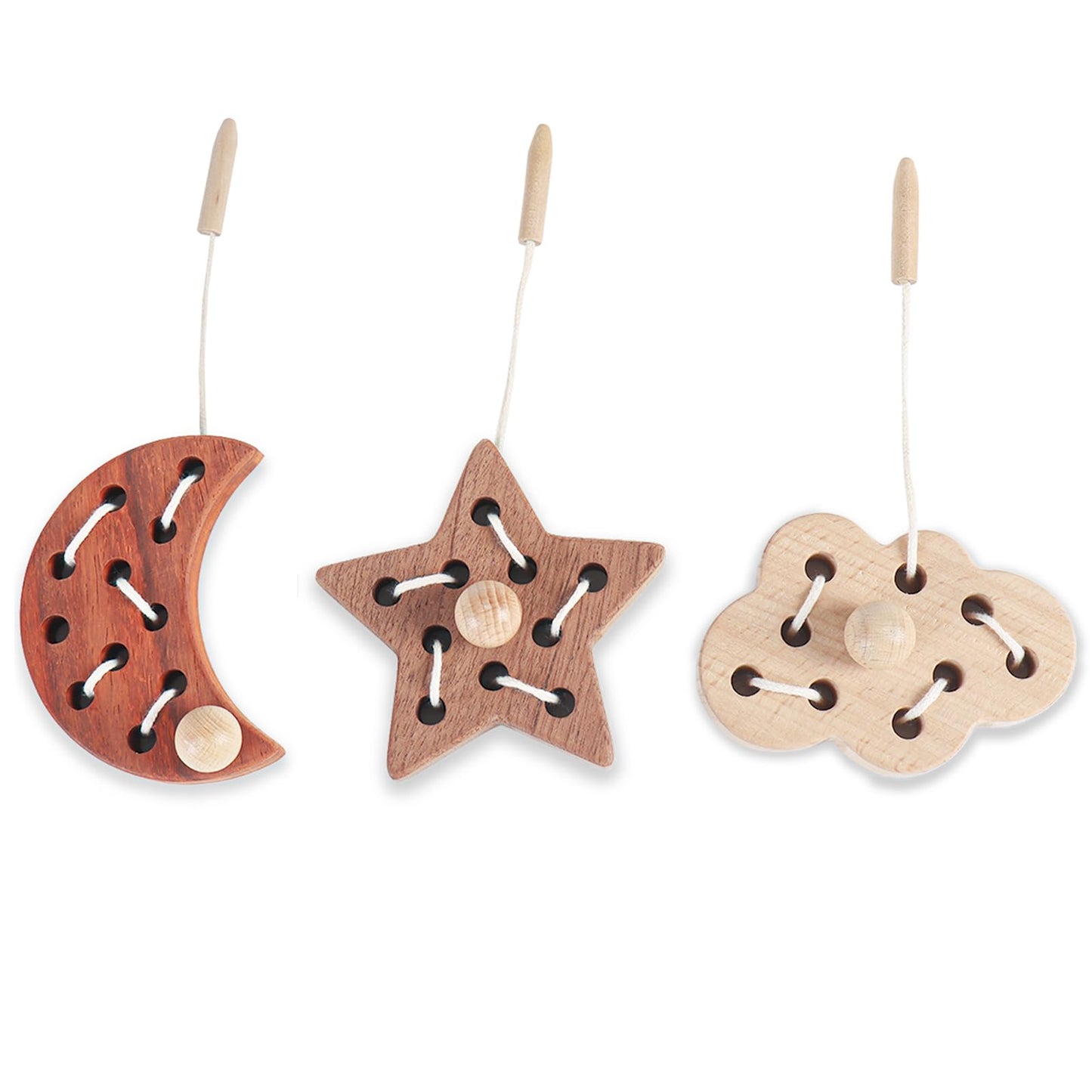 FlameFlash Wooden Lacing Toys for Toddlers 1-3 | Moon, Stars & Cloud – Montessori Beech Wood