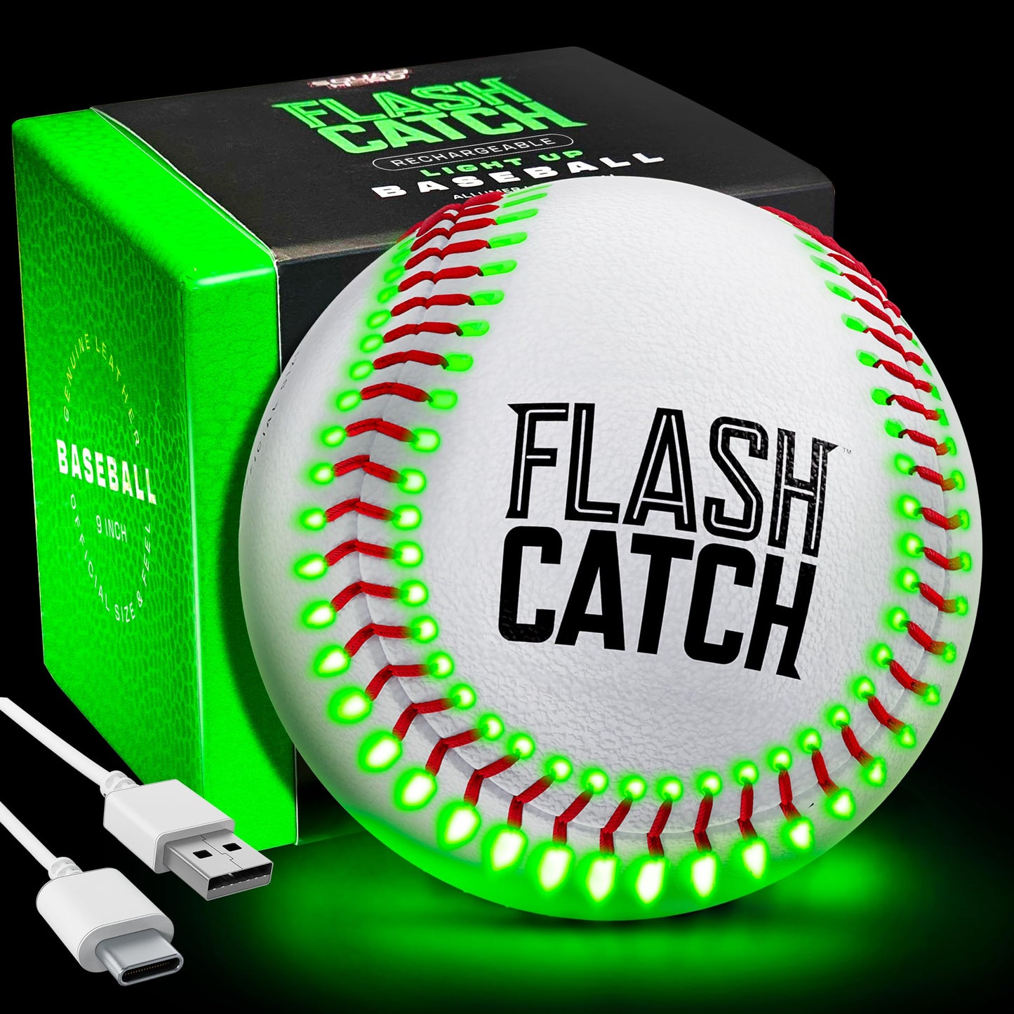 FlashCatch Rechargeable Light Up Baseball – Official-Size Glow-in-the-Dark Ball for Teens & Kids