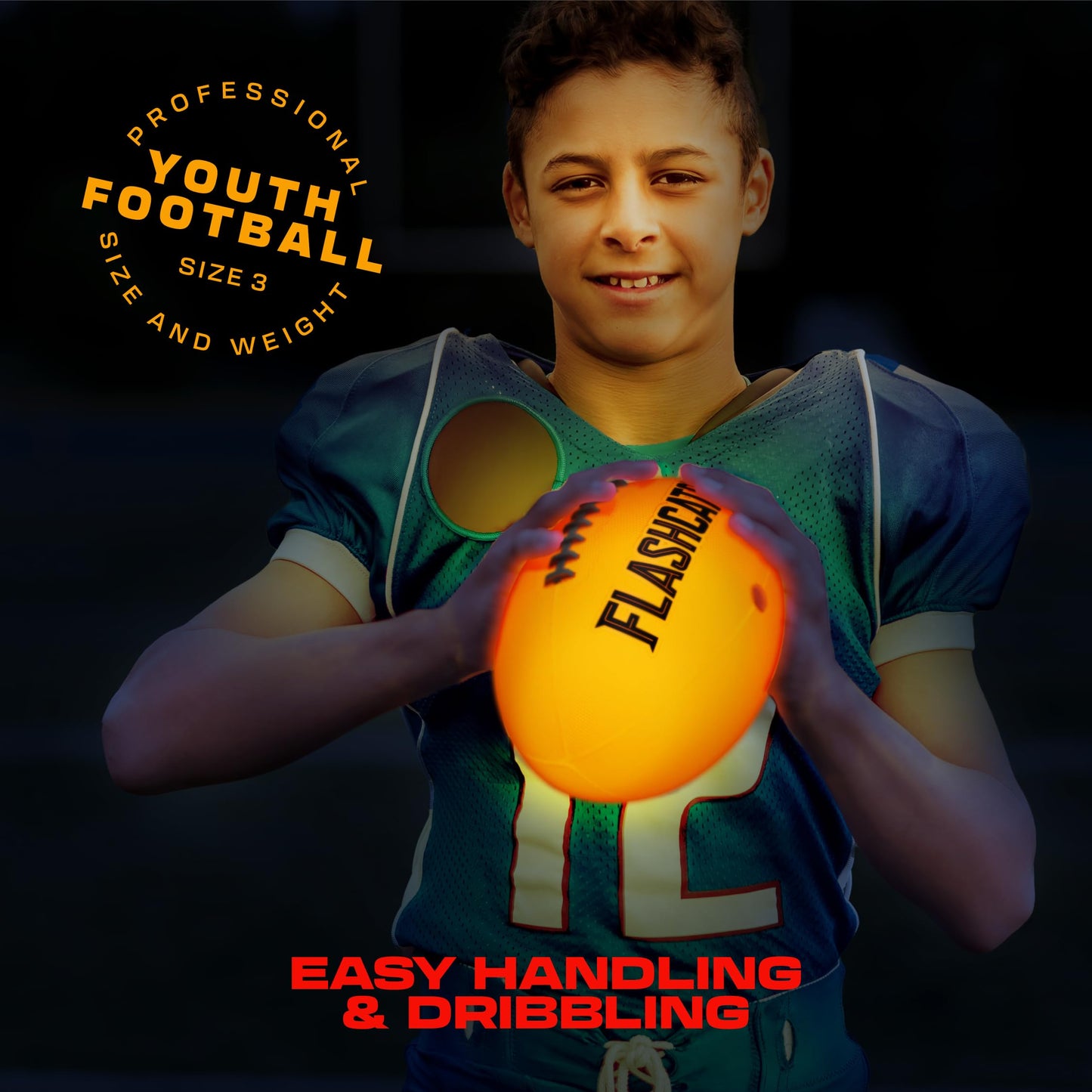 FlashCatch Light Up Football – Glow in the Dark Mini Football for Night Play (Size 3) | Outdoor Kids Gift