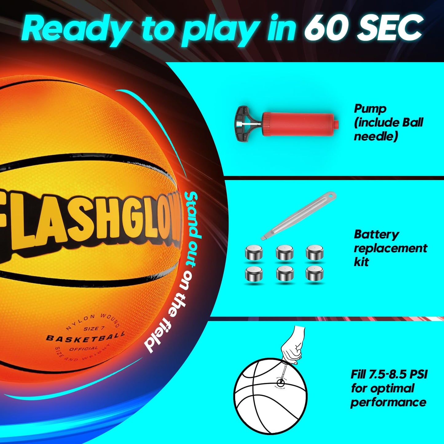 FLASHGLOW Light Up LED Basketball – Glow in the Dark Size 7 for Teens (Ages 8–15)