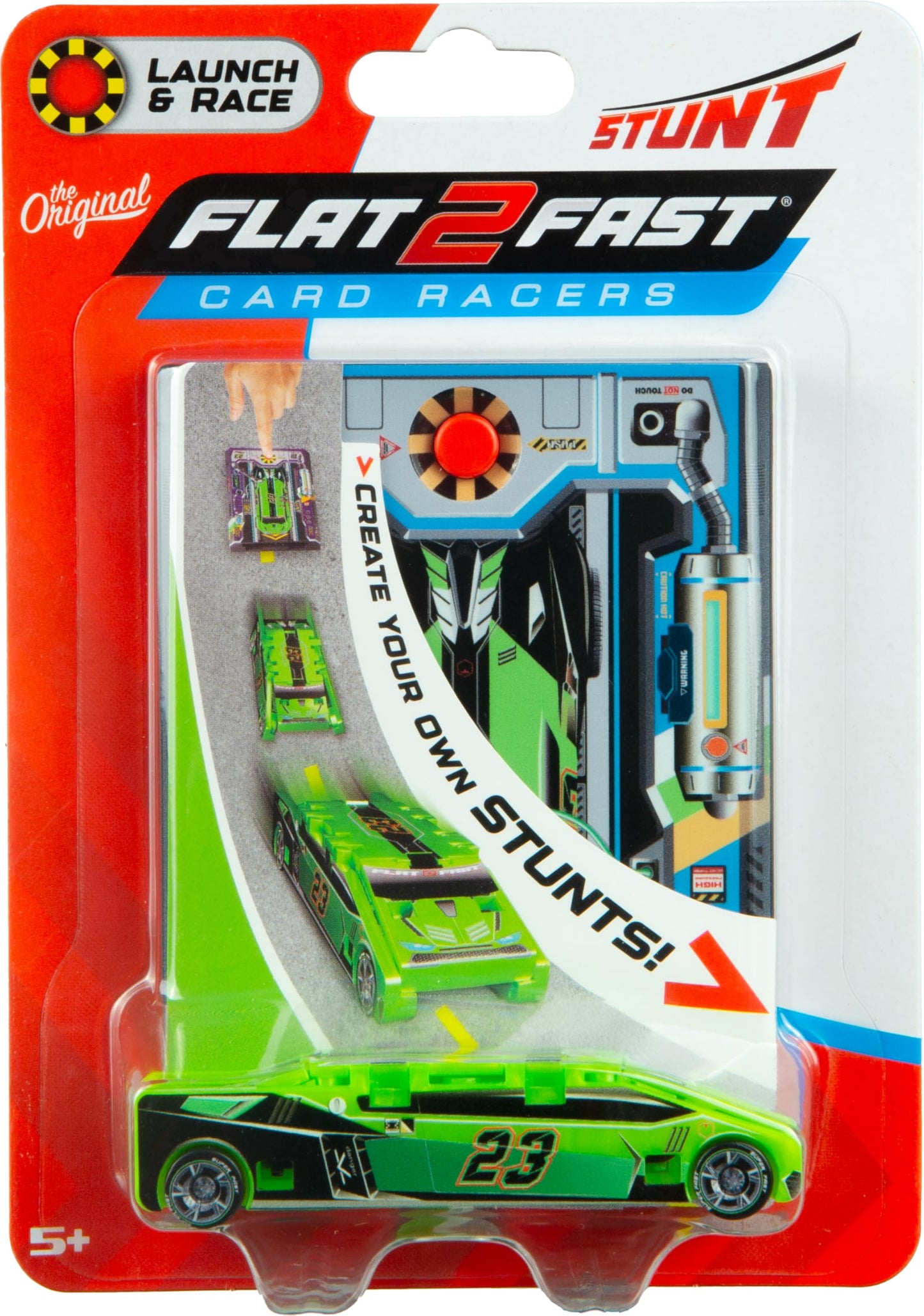 FLAT 2 FAST Original Stunt Card Racer – Pocket-Sized Neon Green Flat Car Launcher