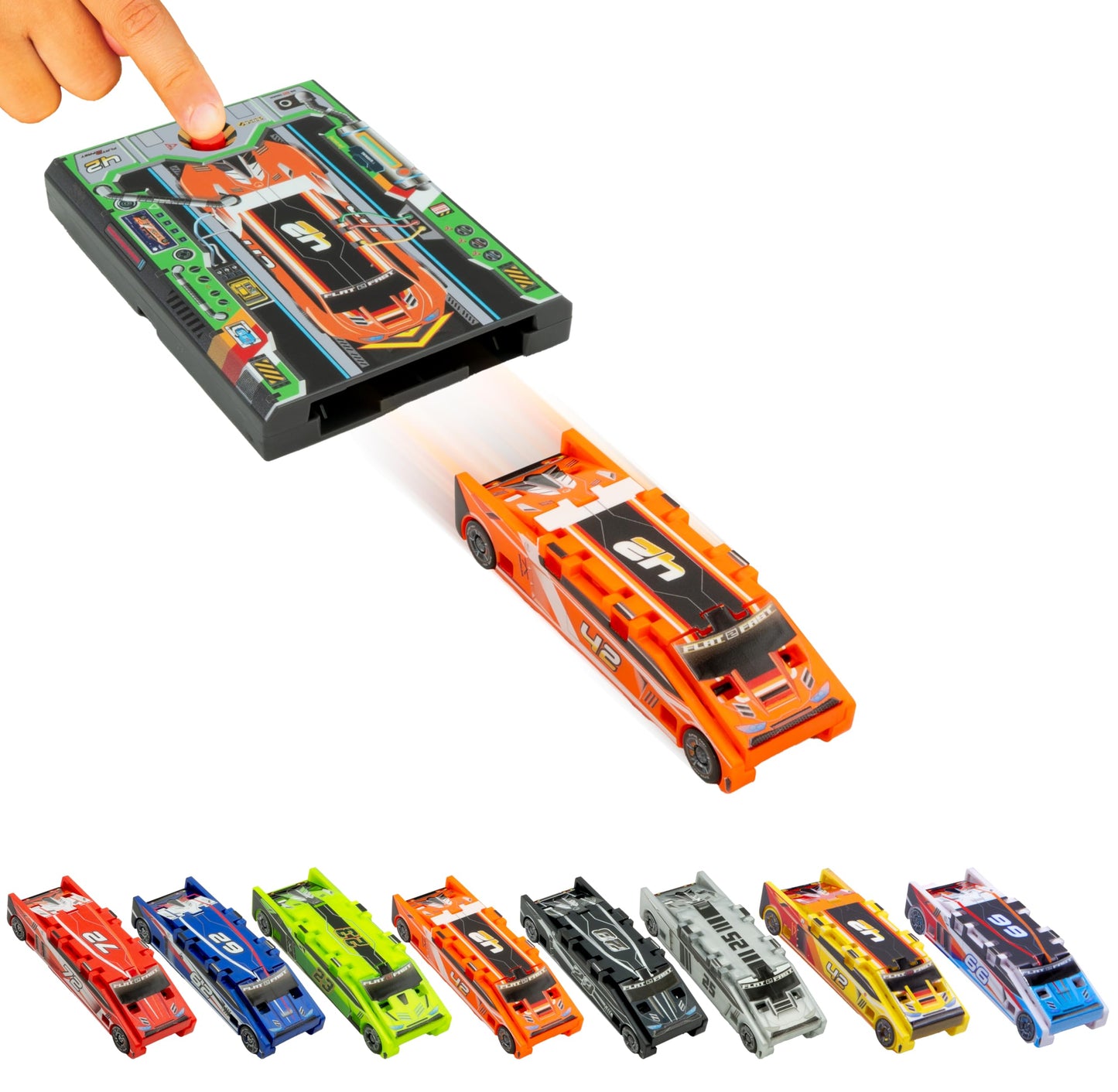 FLAT 2 FAST Original Stunt Card Racer – Lava Orange, Pocket-Size Car Launcher