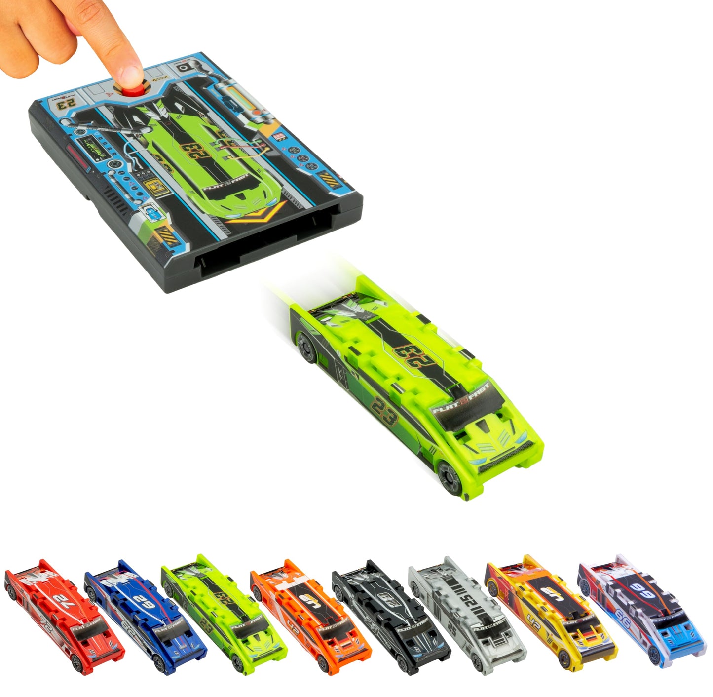 FLAT 2 FAST Original Stunt Card Racer – Pocket-Sized Neon Green Flat Car Launcher