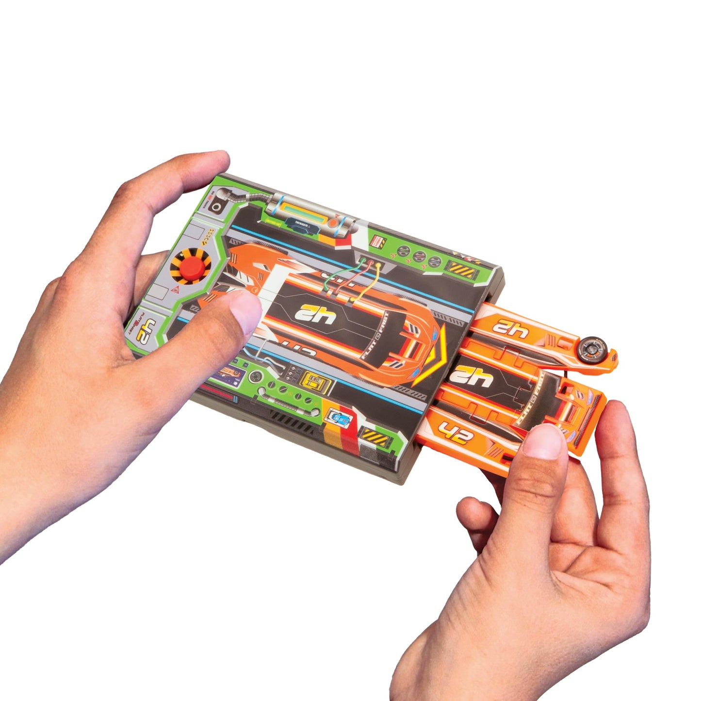 FLAT 2 FAST Original Stunt Card Racer – Lava Orange, Pocket-Size Car Launcher
