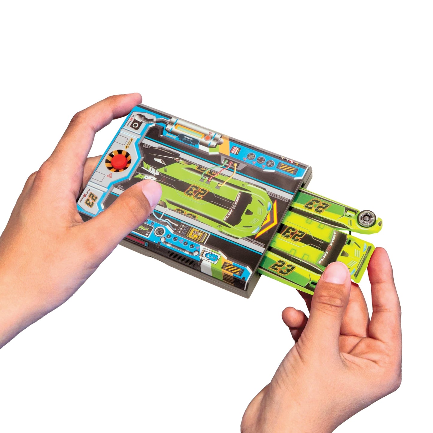 FLAT 2 FAST Original Stunt Card Racer – Pocket-Sized Neon Green Flat Car Launcher