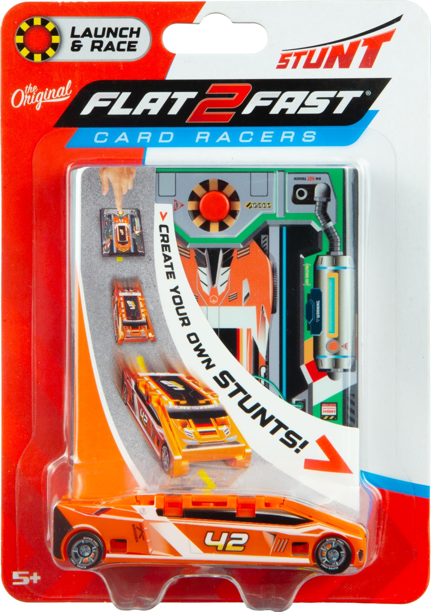FLAT 2 FAST Original Stunt Card Racer – Lava Orange, Pocket-Size Car Launcher
