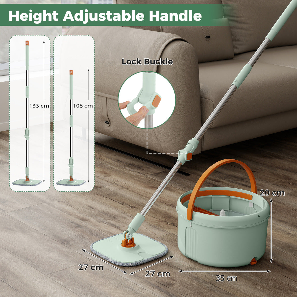 Flat Floor Mop and Bucket System with Washable Microfiber Pads-Green