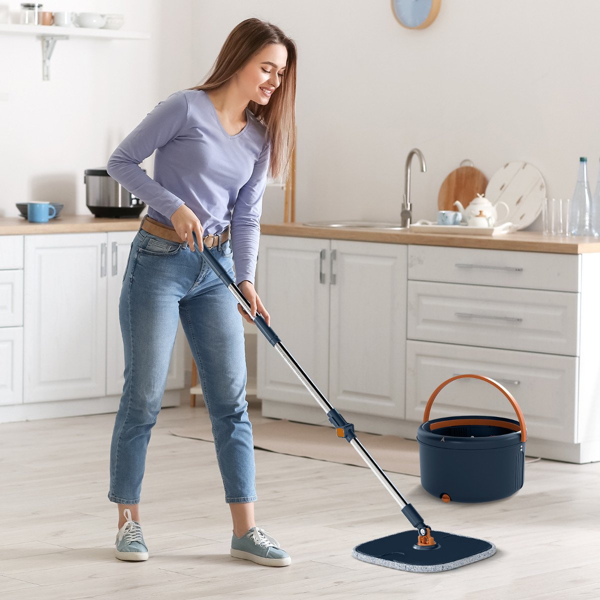 Flat Floor Mop and Bucket System with Washable Microfiber Pads-Green