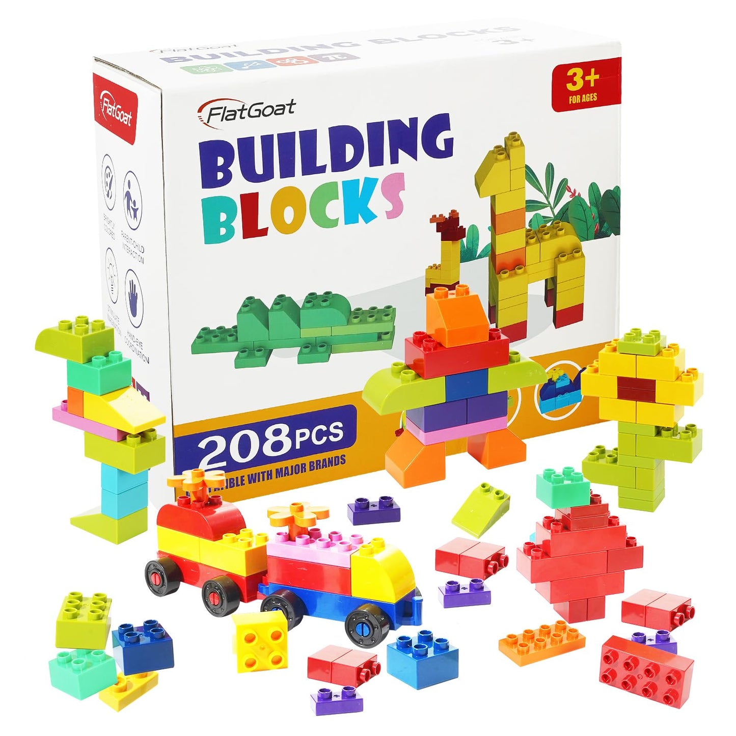 FlatGoat Building Blocks 208-Piece Set – Compatible with All Major Brands | STEM Big Bricks for Kids 3–8