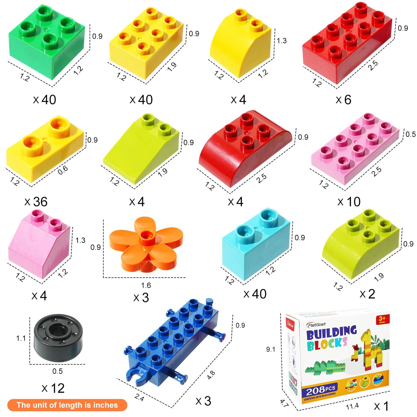FlatGoat Building Blocks 208-Piece Set – Compatible with All Major Brands | STEM Big Bricks for Kids 3–8