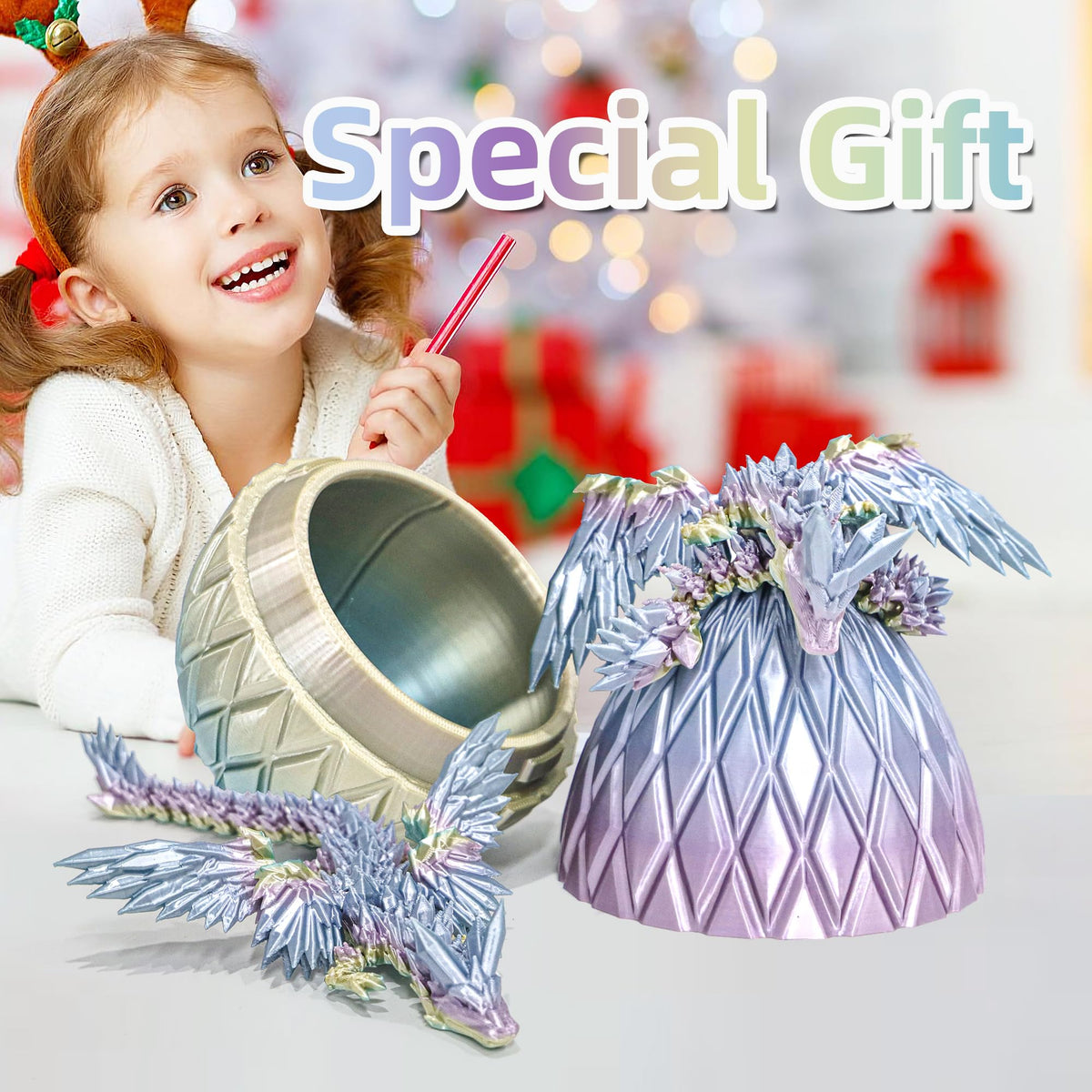 Flavery 3D Printed Flying Dragon Egg — 7-Inch Winged Dragon in Diamond Easter Eggs, Desk Decor & Fidget Toy