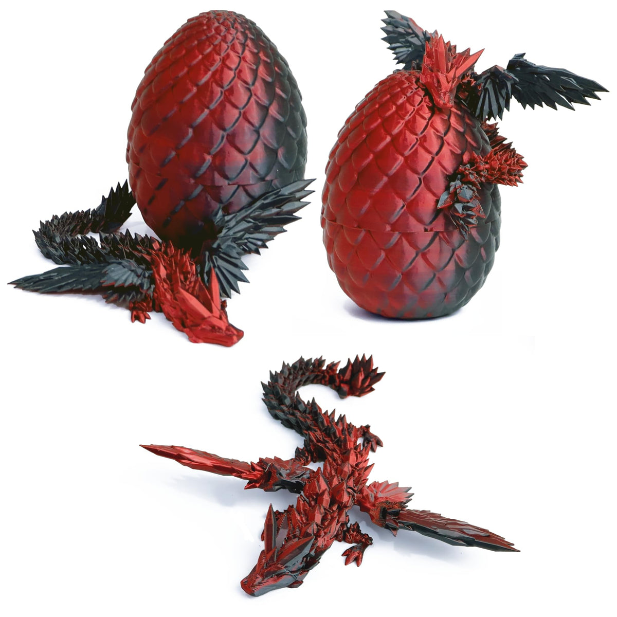 Flavery 3D Printed Flying Dragon in Egg – 9-Inch Winged Desk Toy (Black Red)