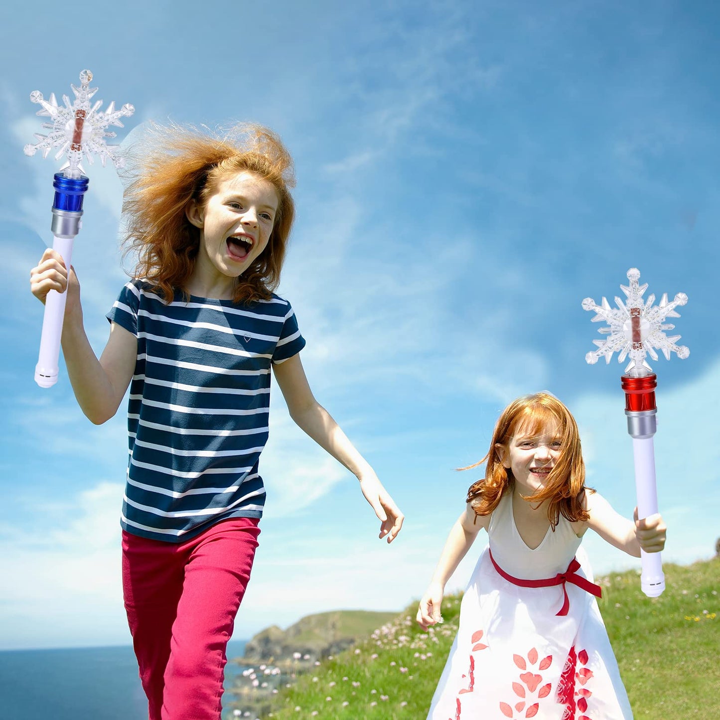 Fleeting Time Light Up Snowflake Wand – 13-LED Rotating Magic Wand for Kids (Red + Blue)