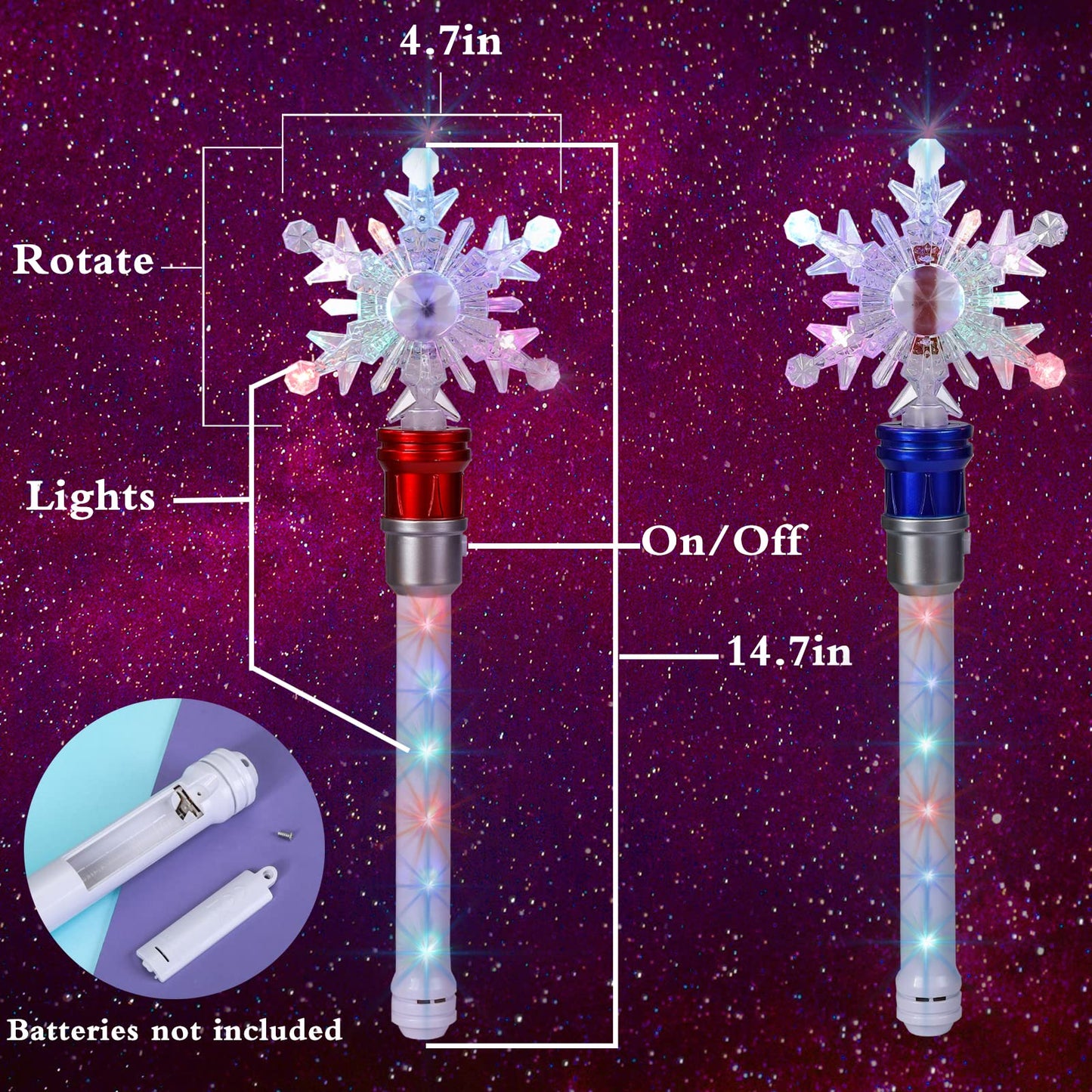 Fleeting Time Light Up Snowflake Wand – 13-LED Rotating Magic Wand for Kids (Red + Blue)