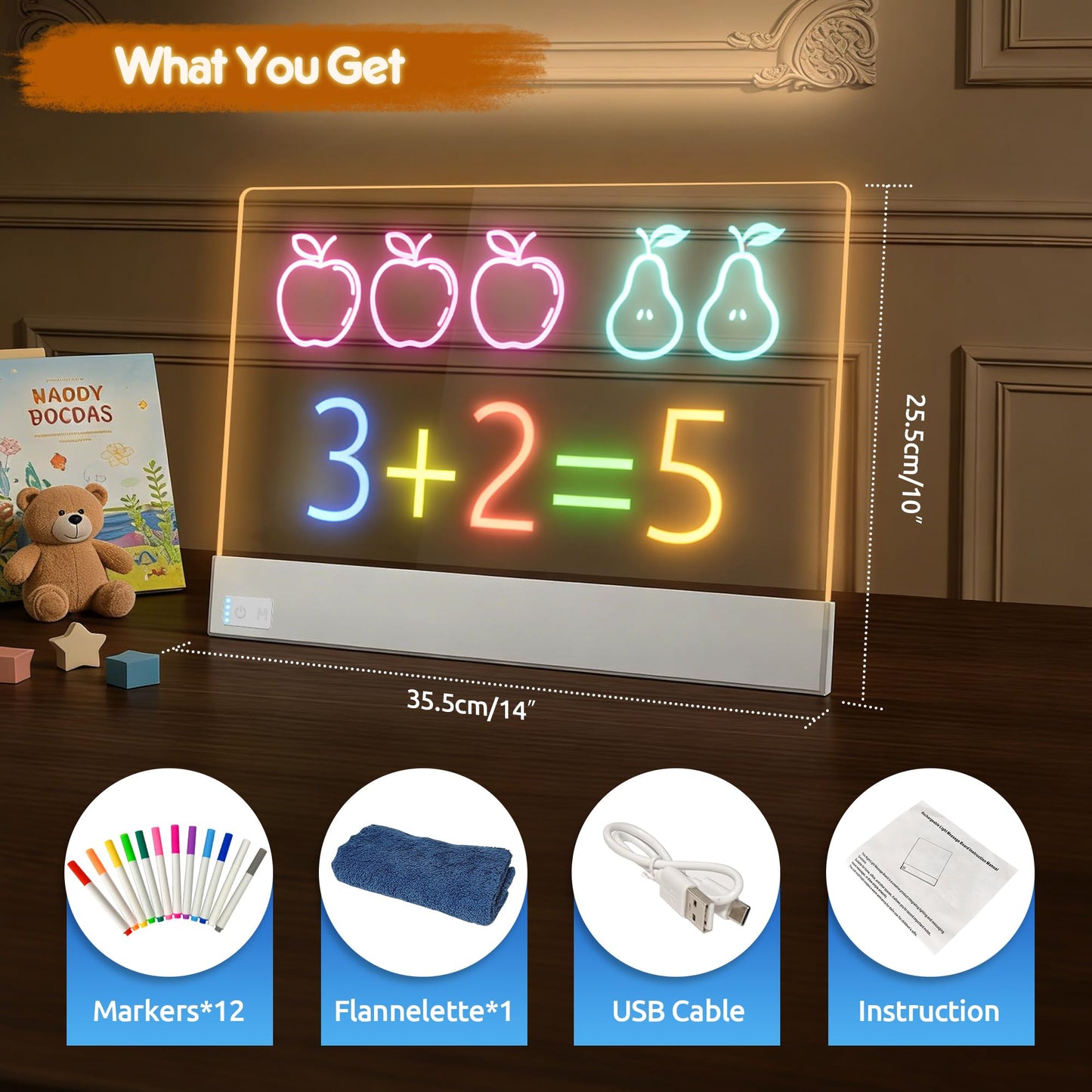 FLETUTE LED Note Board – Lumiboard 13.7 x 10 in, 7 Colors, 4 Lighting Modes, Rechargeable Acrylic Dry Erase Board