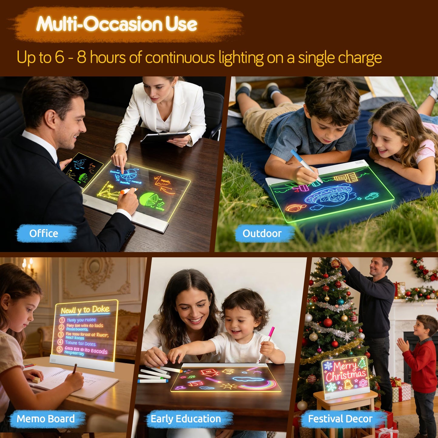 FLETUTE LED Note Board – Lumiboard 13.7 x 10 in, 7 Colors, 4 Lighting Modes, Rechargeable Acrylic Dry Erase Board