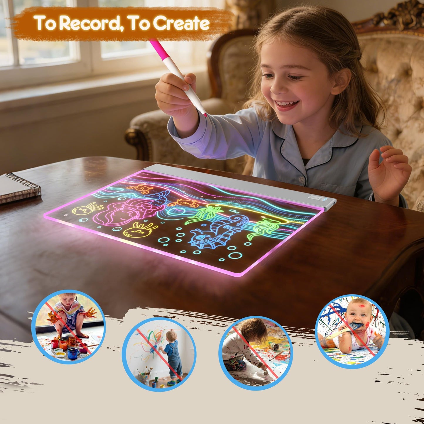 FLETUTE LED Note Board – Lumiboard 13.7 x 10 in, 7 Colors, 4 Lighting Modes, Rechargeable Acrylic Dry Erase Board