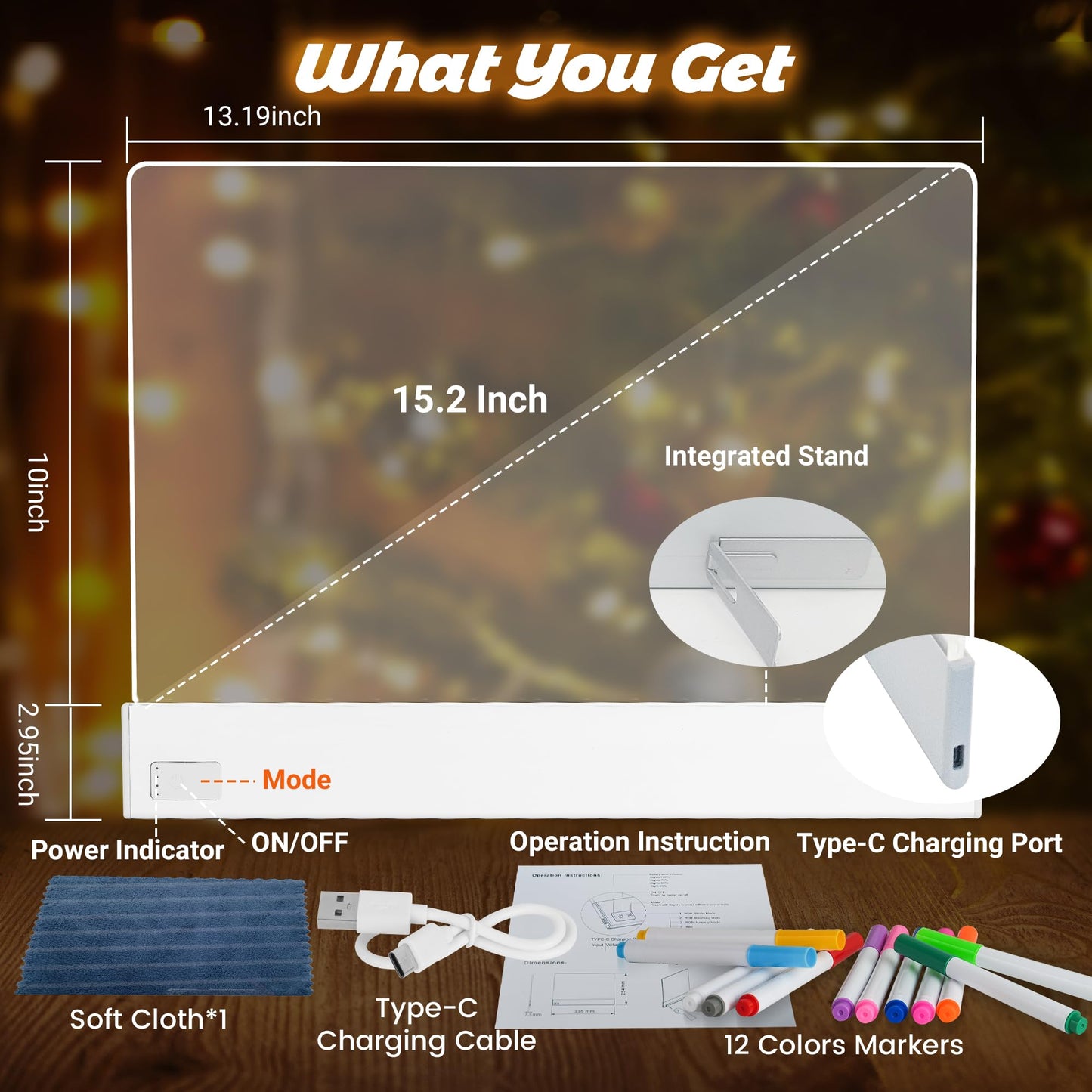 FLETUTE LED Note Board – Lumiboard 13.7 x 10 in, 7 Colors, 4 Lighting Modes, Rechargeable Acrylic Dry Erase Board