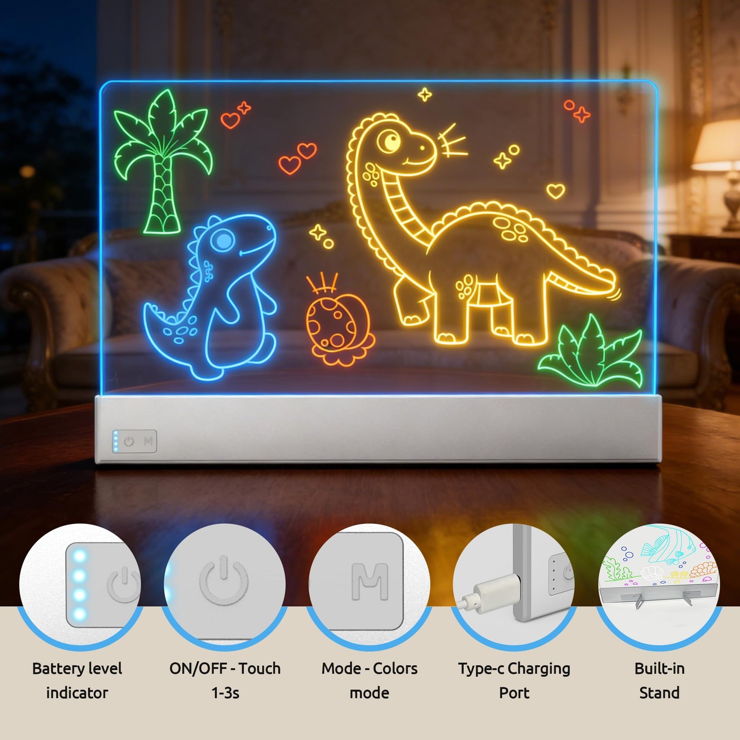 FLETUTE LED Note Board – Lumiboard 13.7 x 10 in, 7 Colors, 4 Lighting Modes, Rechargeable Acrylic Dry Erase Board