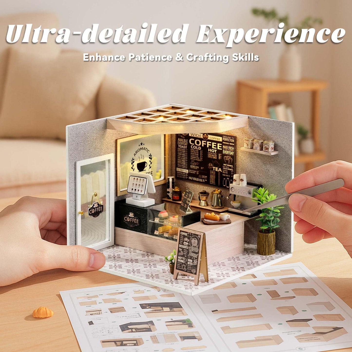 Flever DIY Miniature House Kit with LED Light | Leisurely Coffee Shop Tiny Home Craft for Adults & Teens