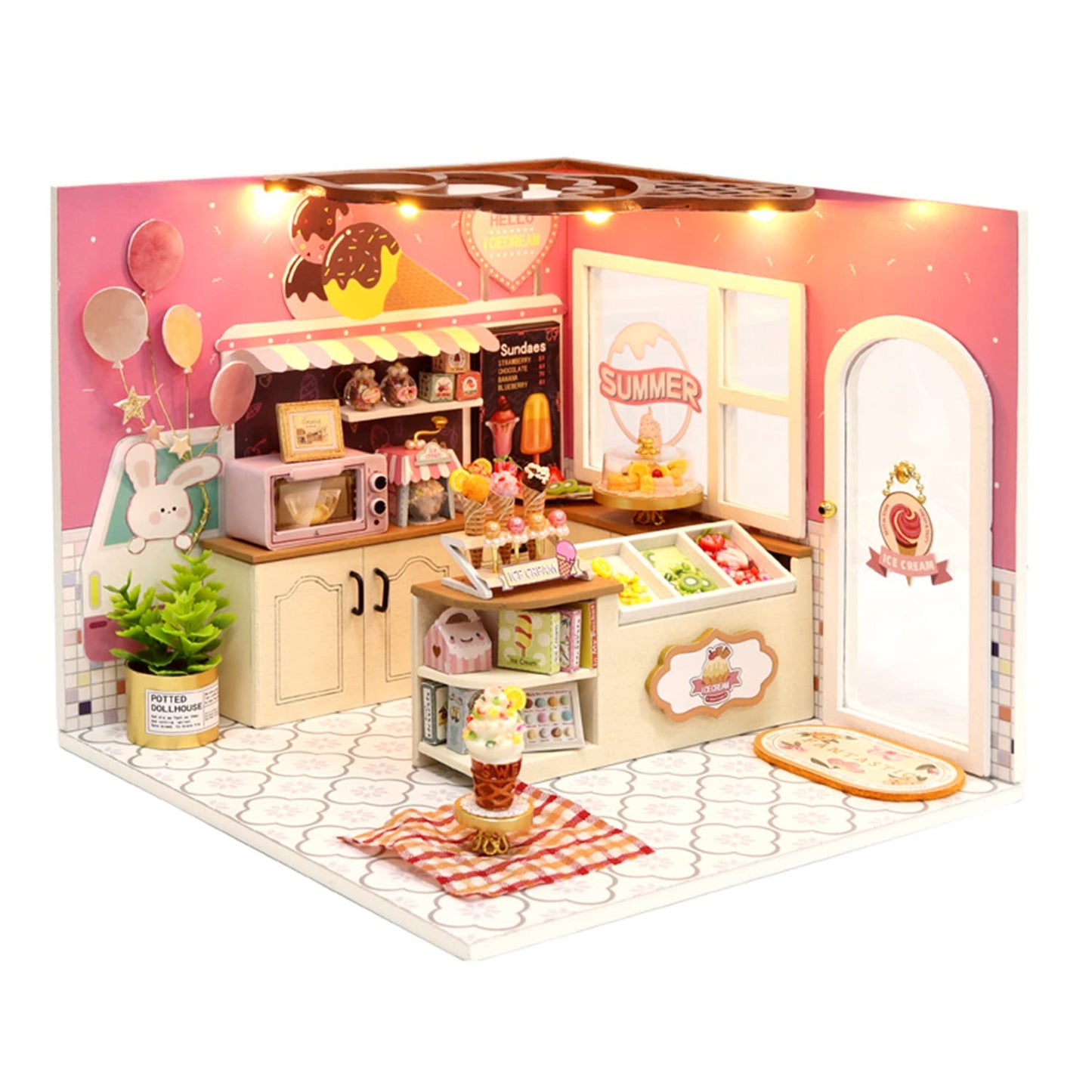 Flever DIY Miniature House Kit with LED Light - Happiness Ice Cream Shop Edition